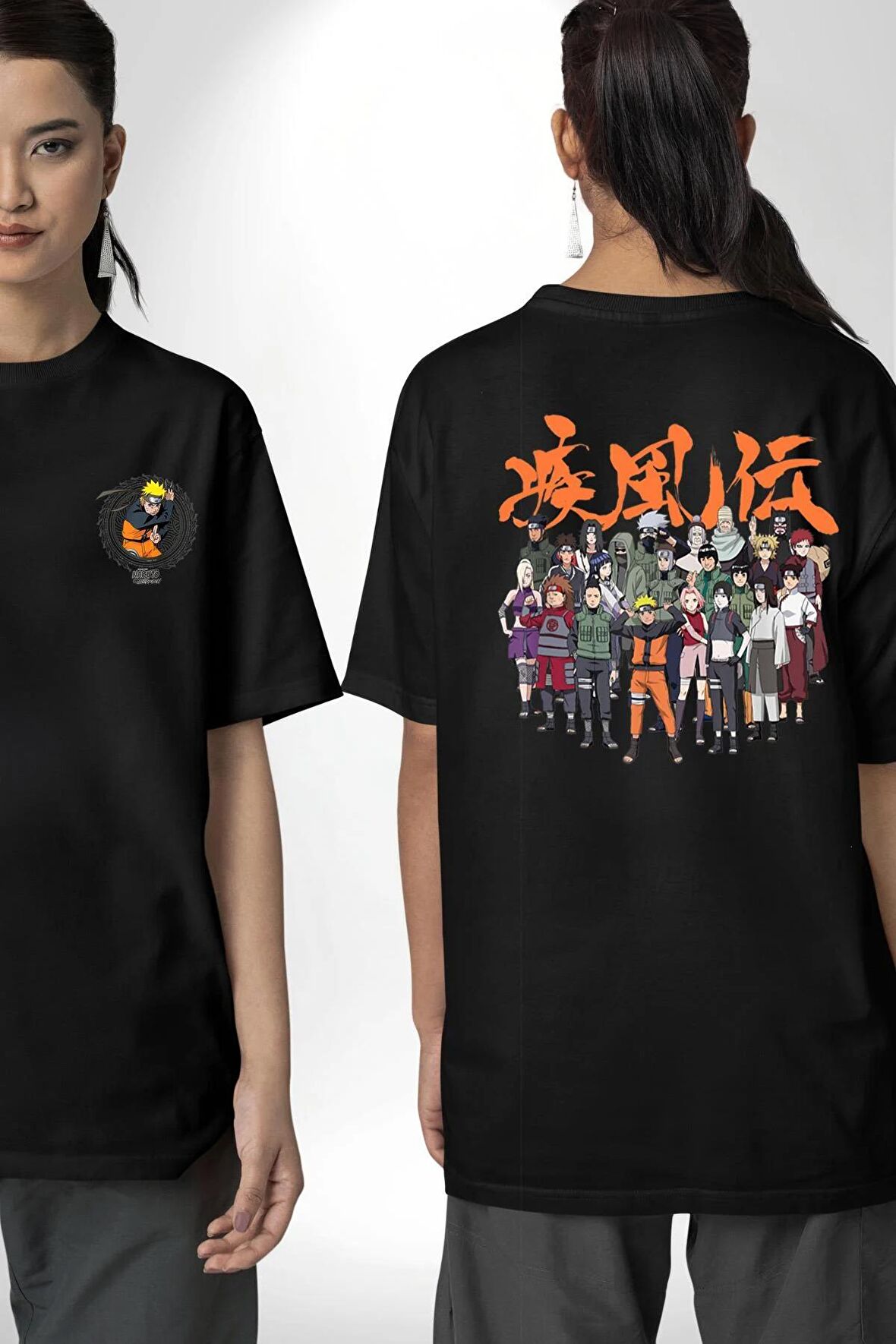 Naruto Shippuden Oyuncuları Siyah Oversize Kadın Erkek Ön ve Sırt Baskılı Tişört