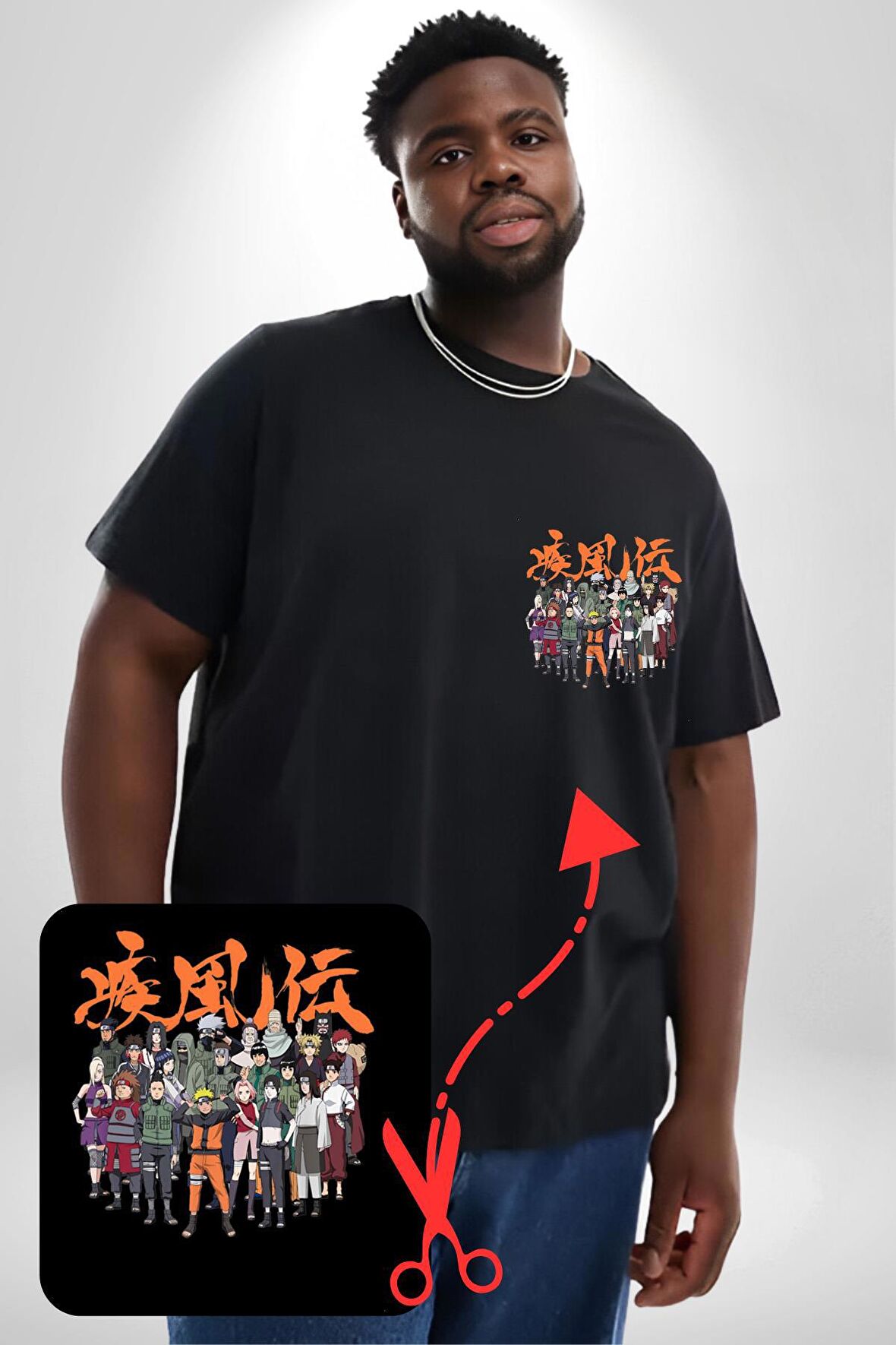 Naruto Shippuden Oyuncuları Siyah Büyük Beden Kadın Basic Minimal Baskılı Tişört
