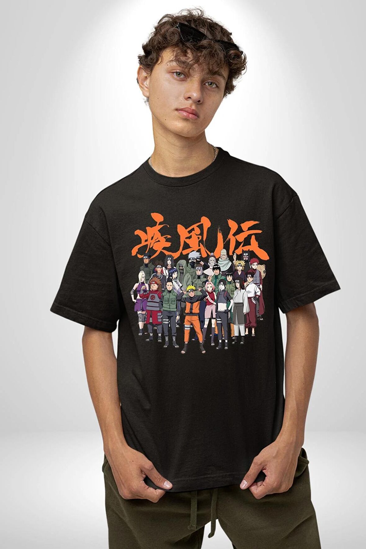 Naruto Shippuden Oyuncuları Pamuklu Bisiklet Yaka Kadın Erkek Oversize Boyfriend Dijital Baskılı Siyah T-shirt