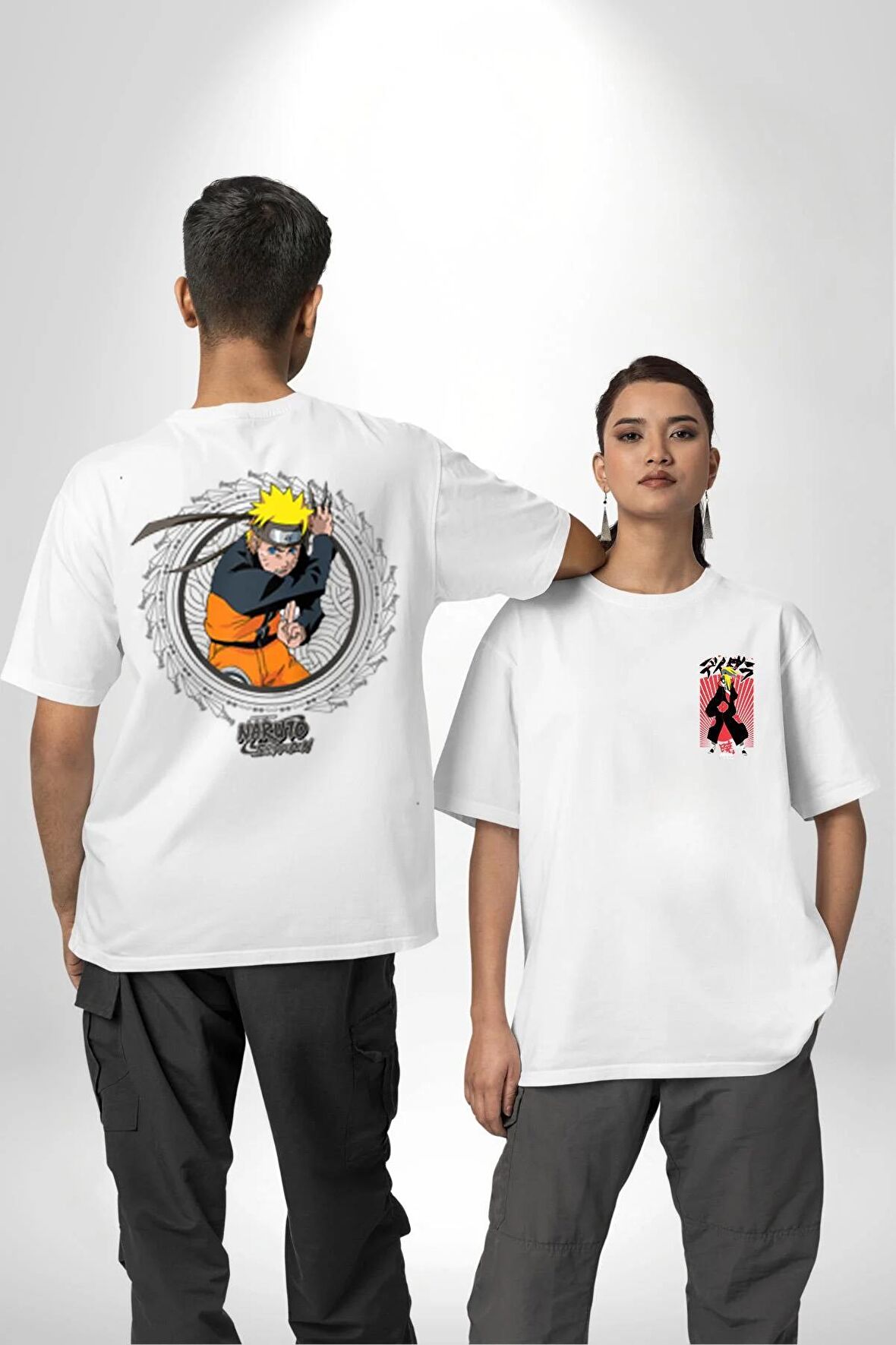 Naruto Shippuden Deidara Jutsu ile Kanji Beyaz Oversize Kadın Erkek Ön ve Sırt Baskılı Tişört