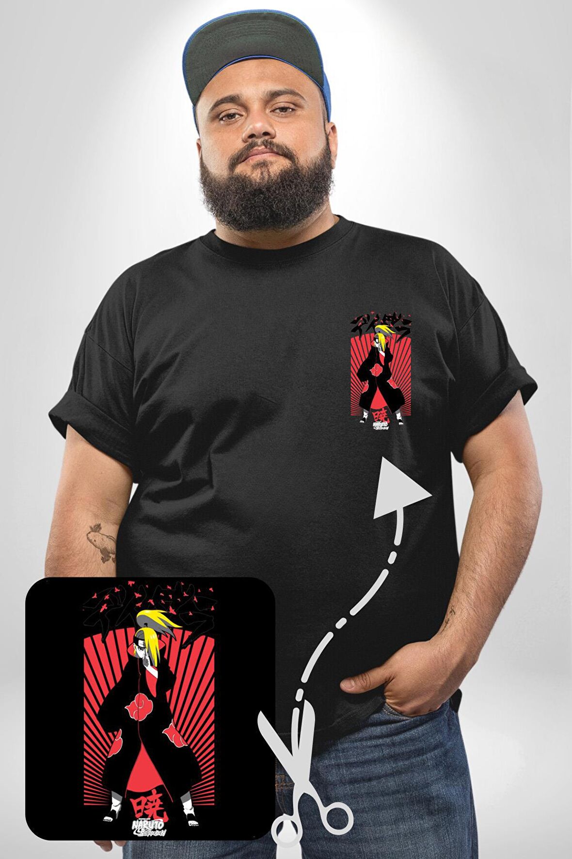 Naruto Shippuden Deidara Jutsu ile Kanji Siyah Büyük Beden Kadın Basic Minimal Baskılı Tişört