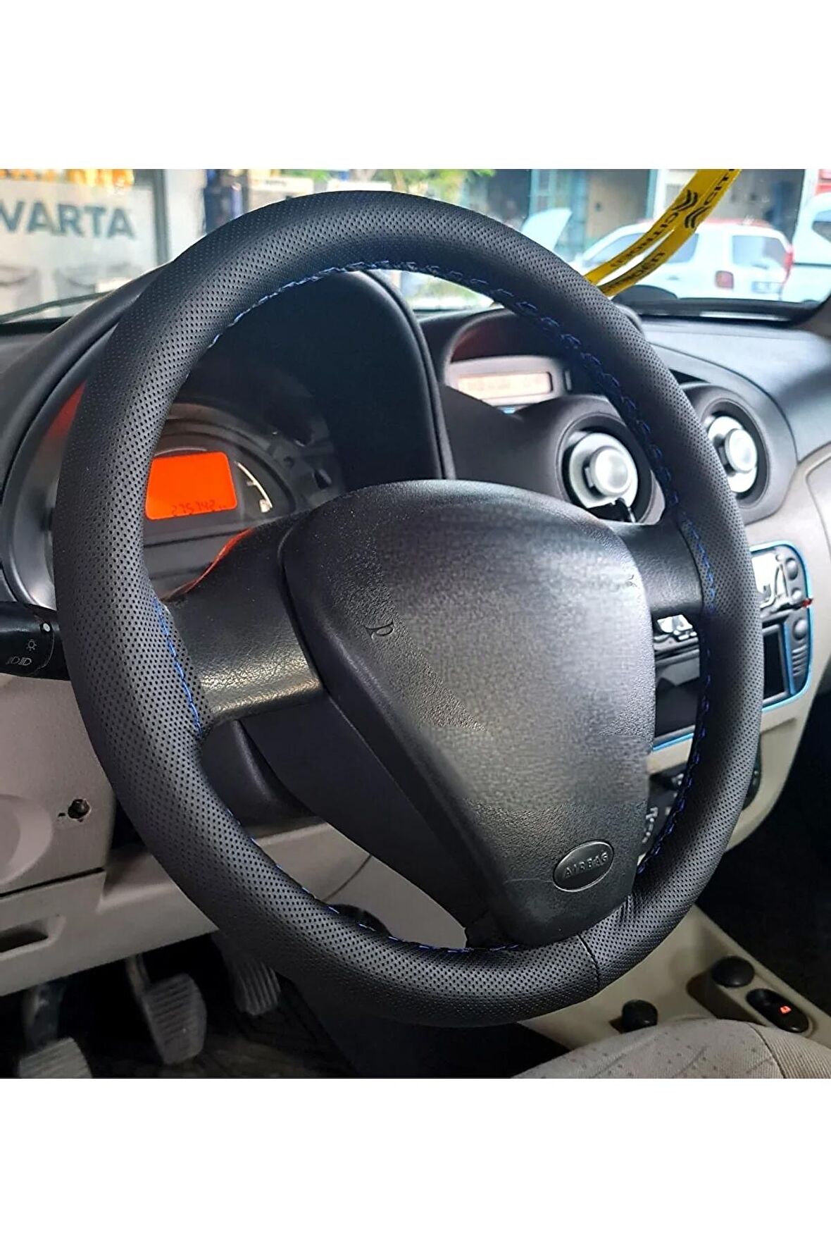 Citröen C3 Uyumlu Dikmeli Direksiyon Kılıfı Kokusuz Terletmez Noktalı Mavi Ipli(38×10CM)