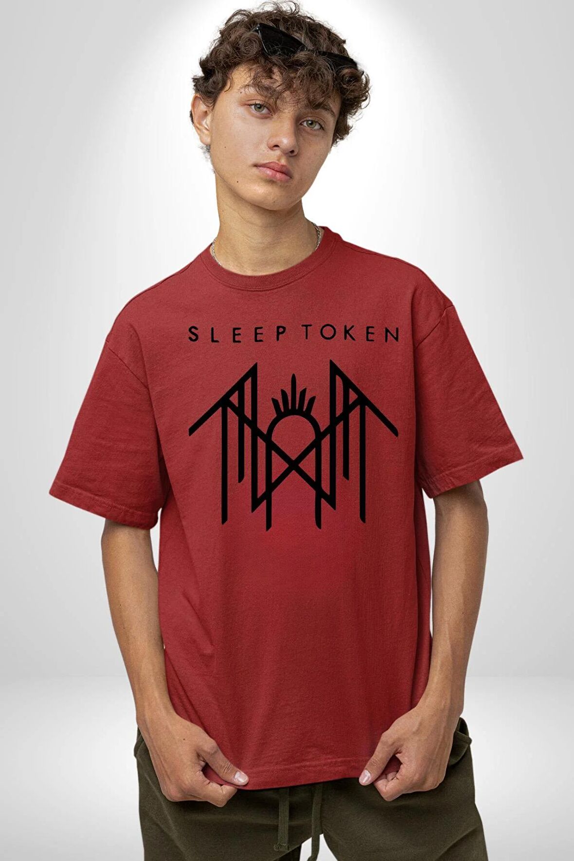 Sleep Token  Pamuklu Bisiklet Yaka Kadın Erkek Oversize Boyfriend Dijital Baskılı Kırmızı T-shirt