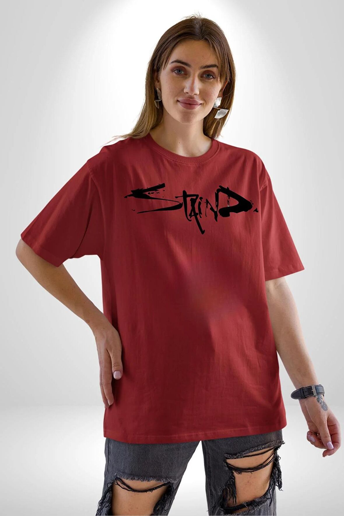 Staind Pamuklu Bisiklet Yaka Kadın Erkek Oversize Boyfriend Dijital Baskılı Kırmızı T-shirt