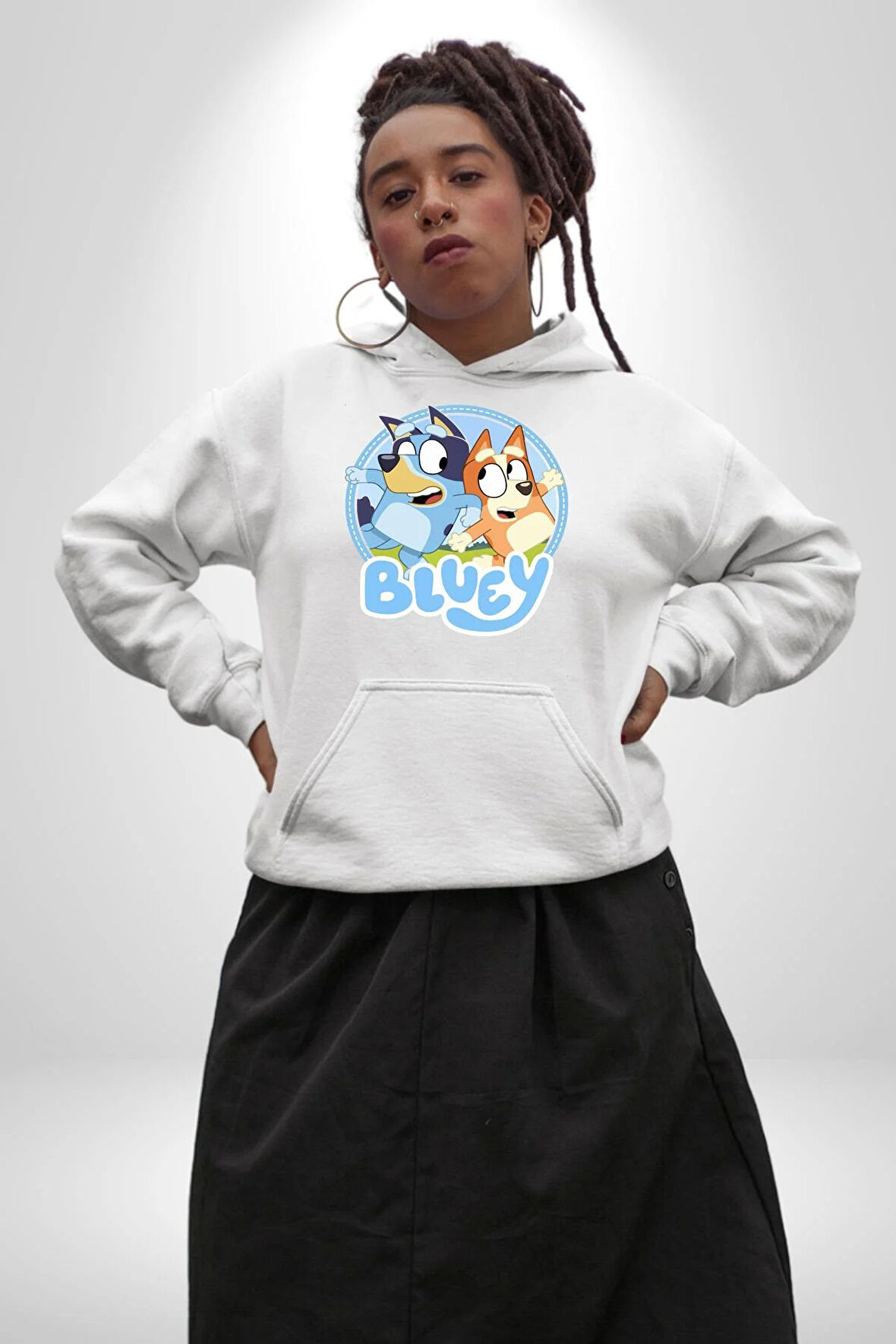 Bluey  Kadın Erkek  Beyaz Kapüşonlu Sweatshirt Hoodie