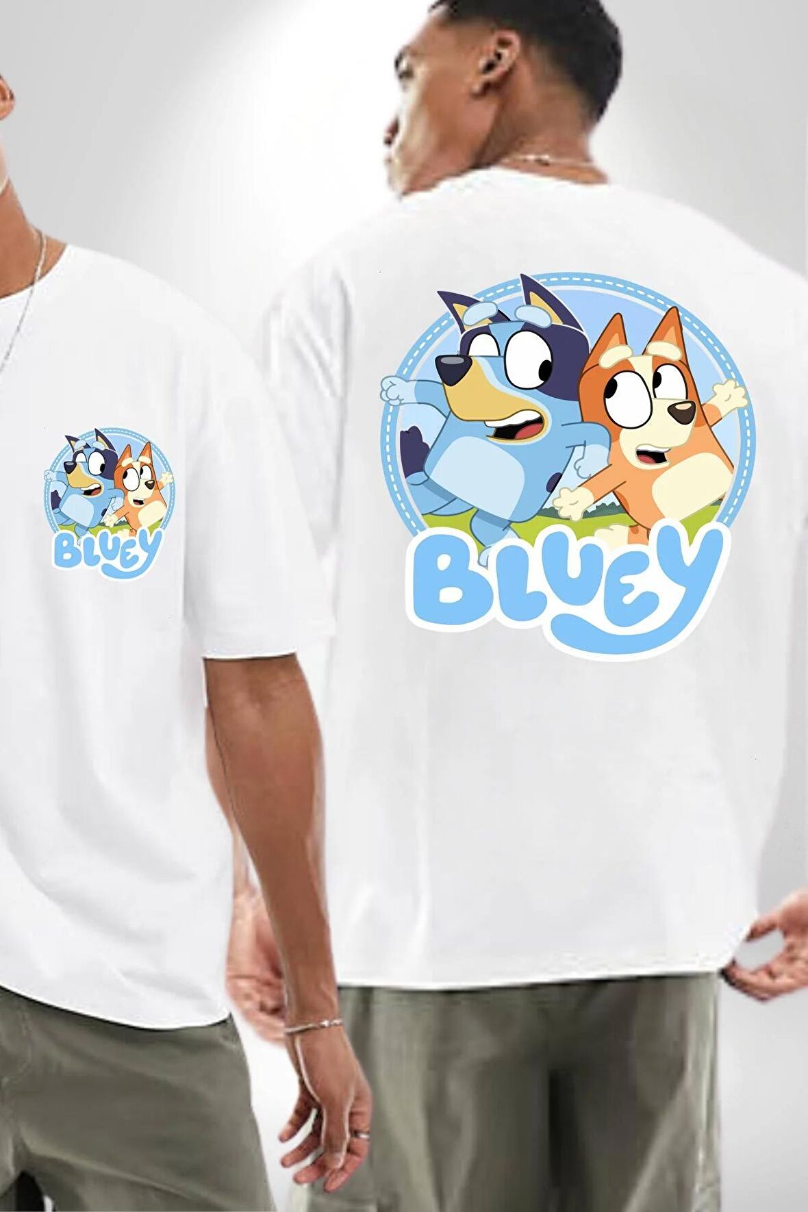 Bluey  Beyaz Oversize Kadın Erkek Ön ve Sırt Baskılı Tişört