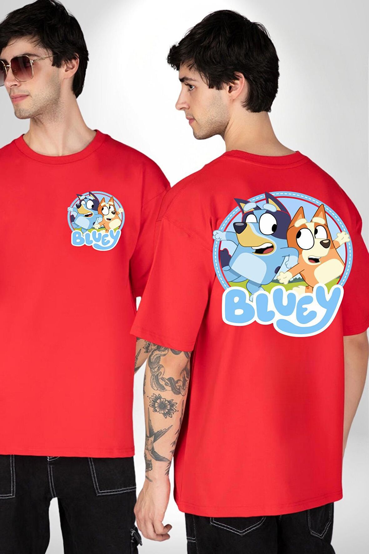Bluey  Kırmızı Oversize Kadın Erkek Ön ve Sırt Baskılı Tişört