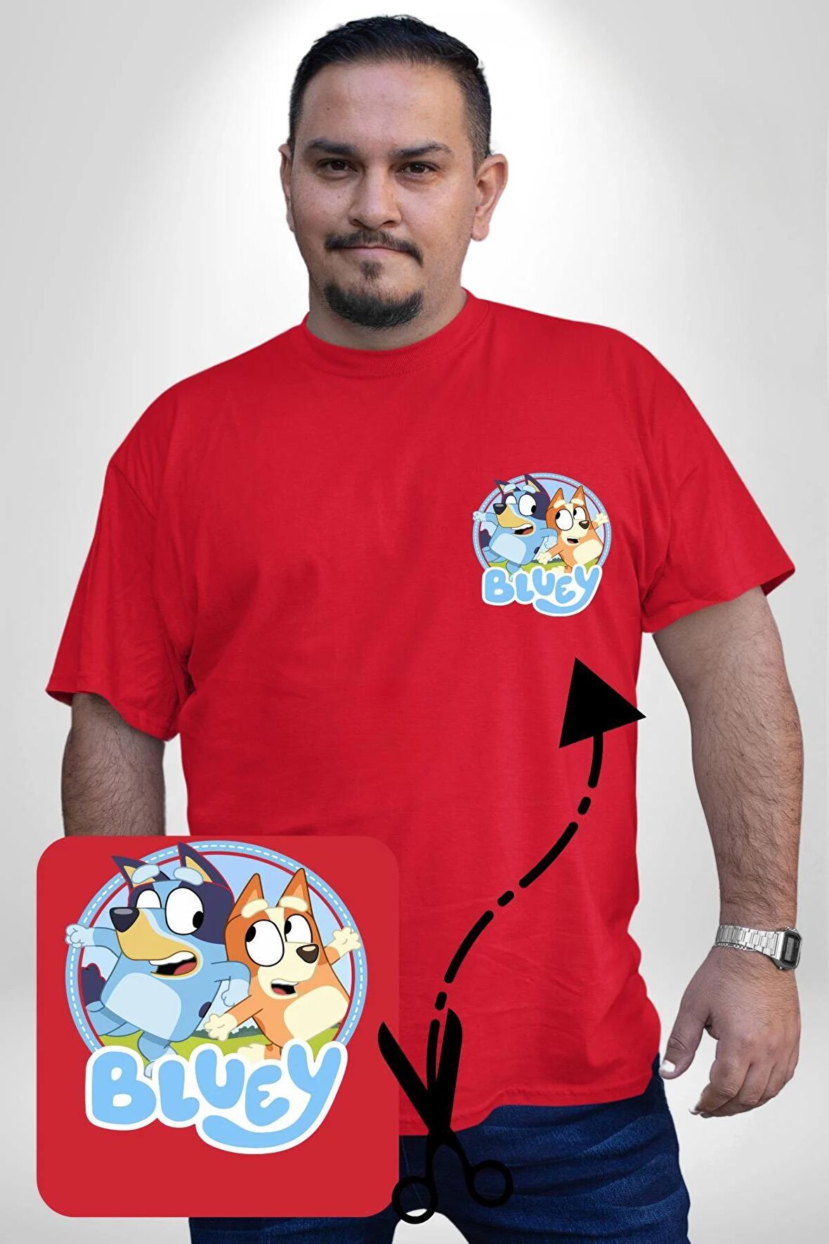 Bluey  Kırmızı Büyük Beden Kadın Basic Minimal Baskılı Tişört