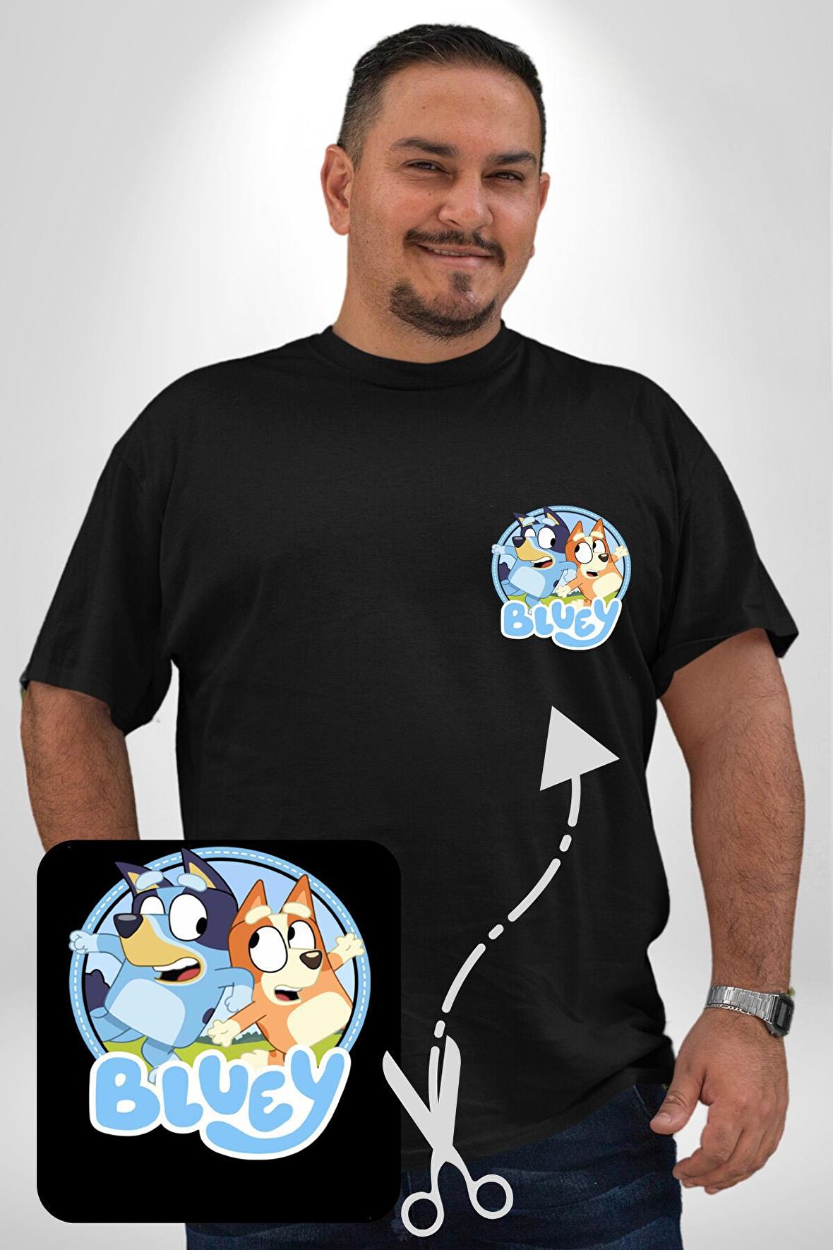 Bluey  Siyah Büyük Beden Kadın Basic Minimal Baskılı Tişört