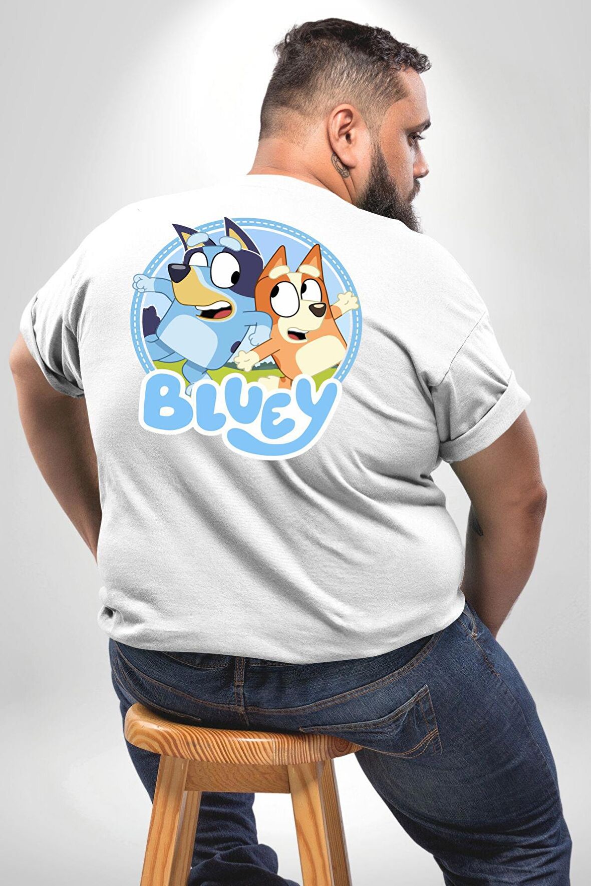 Bluey  Büyük Beden Beyaz Tişört Kadın Erkek Ünisex Sırt Baskılı