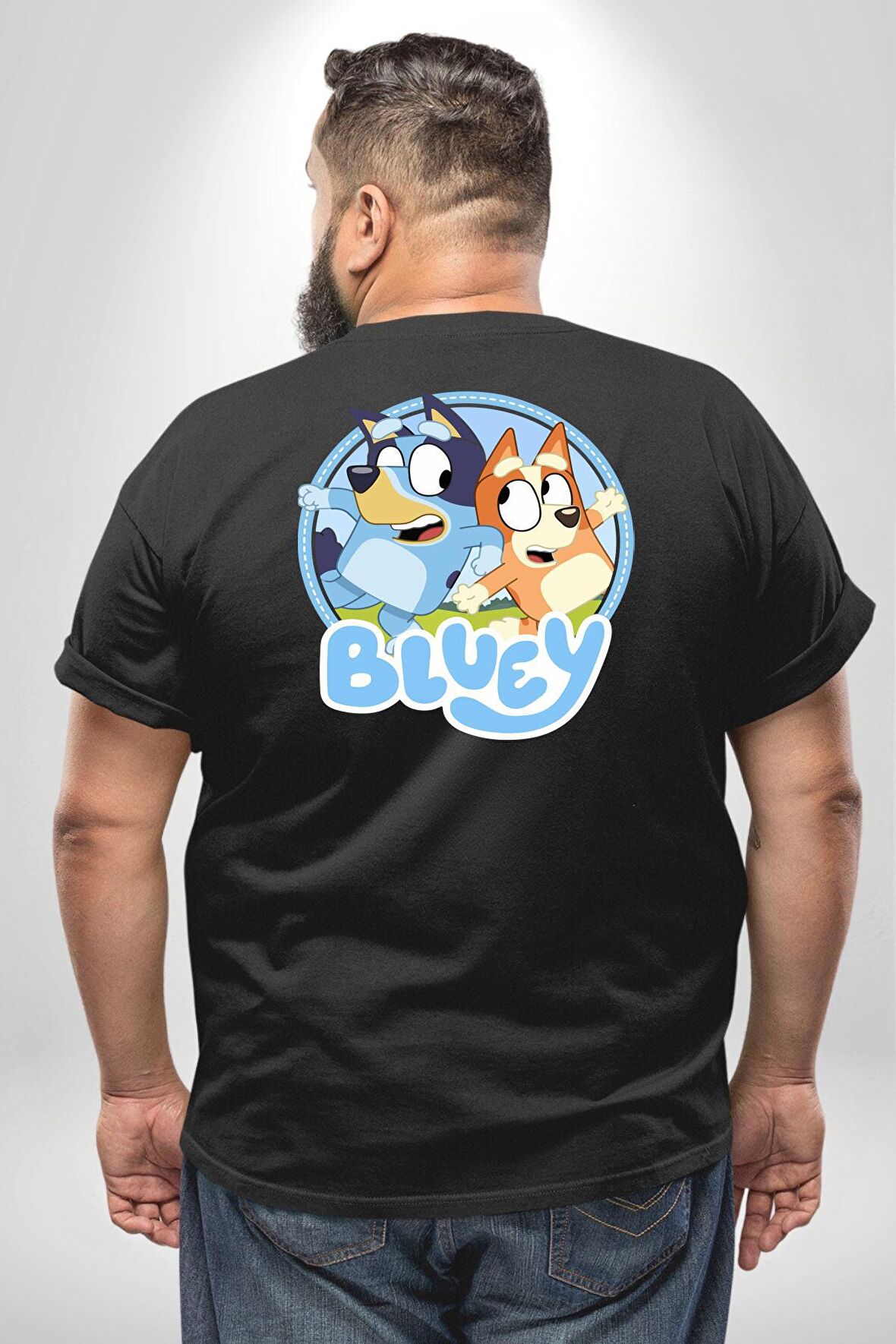 Bluey  Büyük Beden Siyah Tişört Kadın Erkek Ünisex Sırt Baskılı