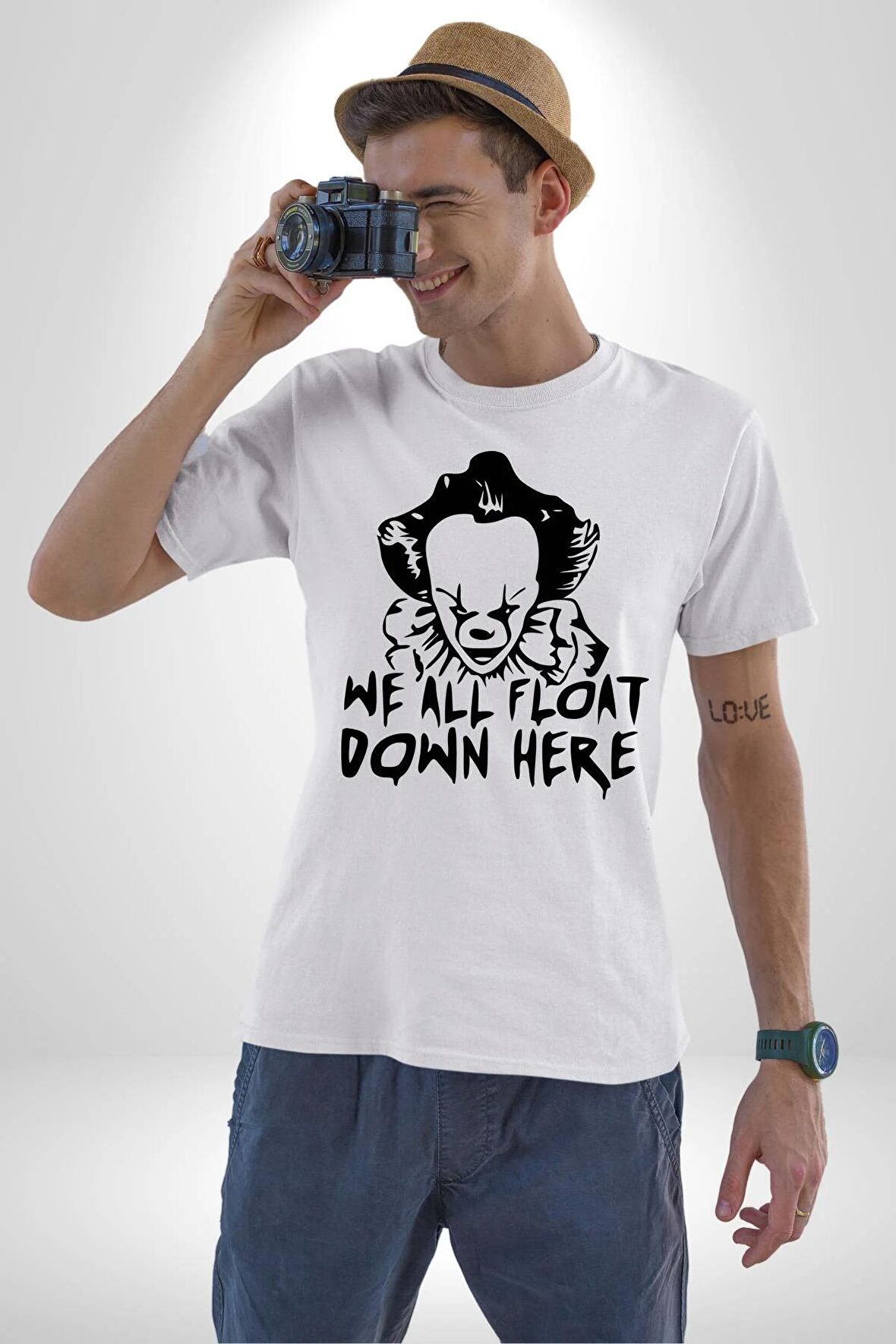 Korkunç Palyaço Korku Film Kadın Erkek Unisex Beyaz Organik Baskılı T-Shirt Penye Yüksek Kalite