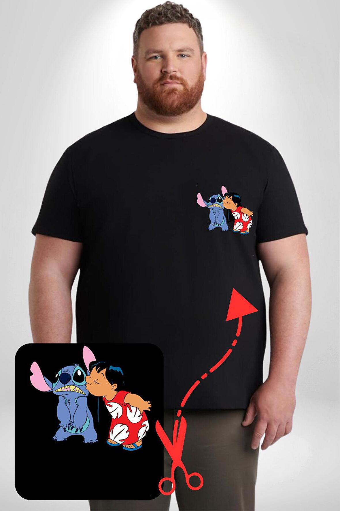 Lilo Ve Stitch Öpücük Siyah Büyük Beden Kadın Basic Minimal Baskılı Tişört