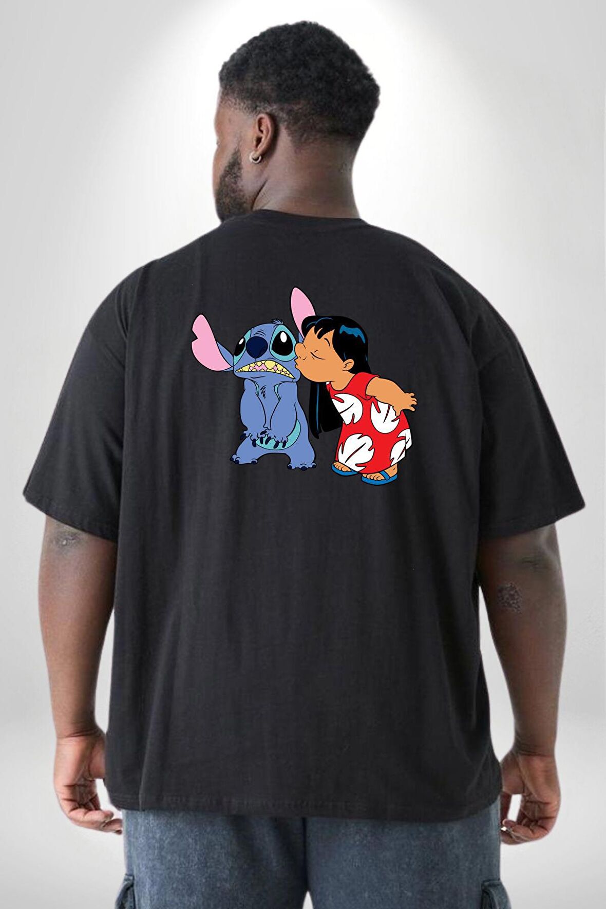 Lilo Ve Stitch Öpücük Büyük Beden Siyah Tişört Kadın Erkek Ünisex Sırt Baskılı