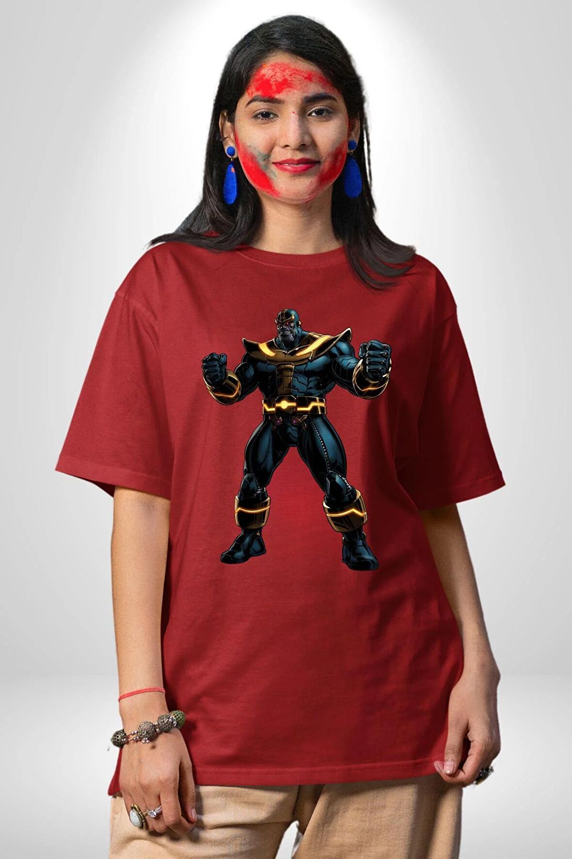 Thanos  Pamuklu Bisiklet Yaka Kadın Erkek Oversize Boyfriend Dijital Baskılı Kırmızı T-shirt