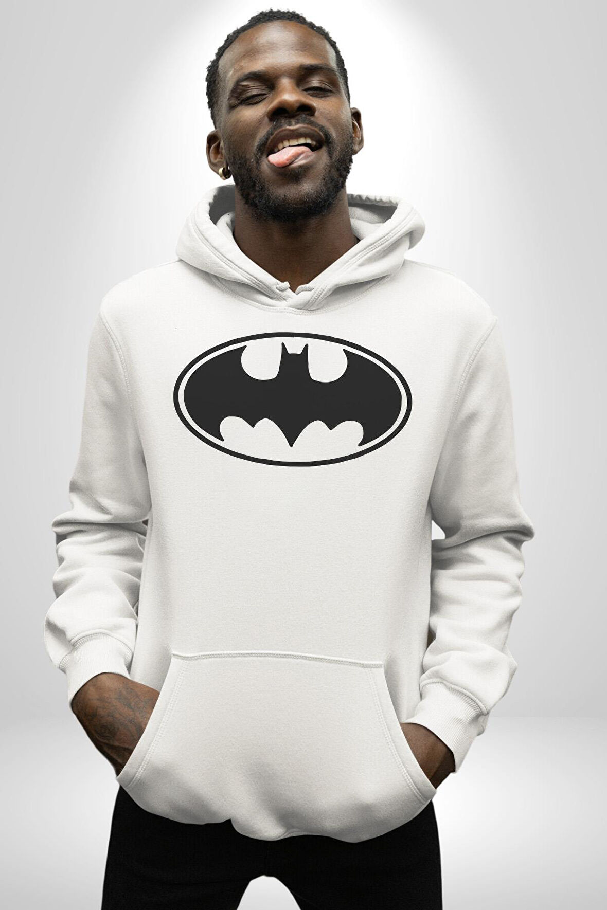 Batman Kadın Erkek  Beyaz Kapüşonlu Sweatshirt Hoodie
