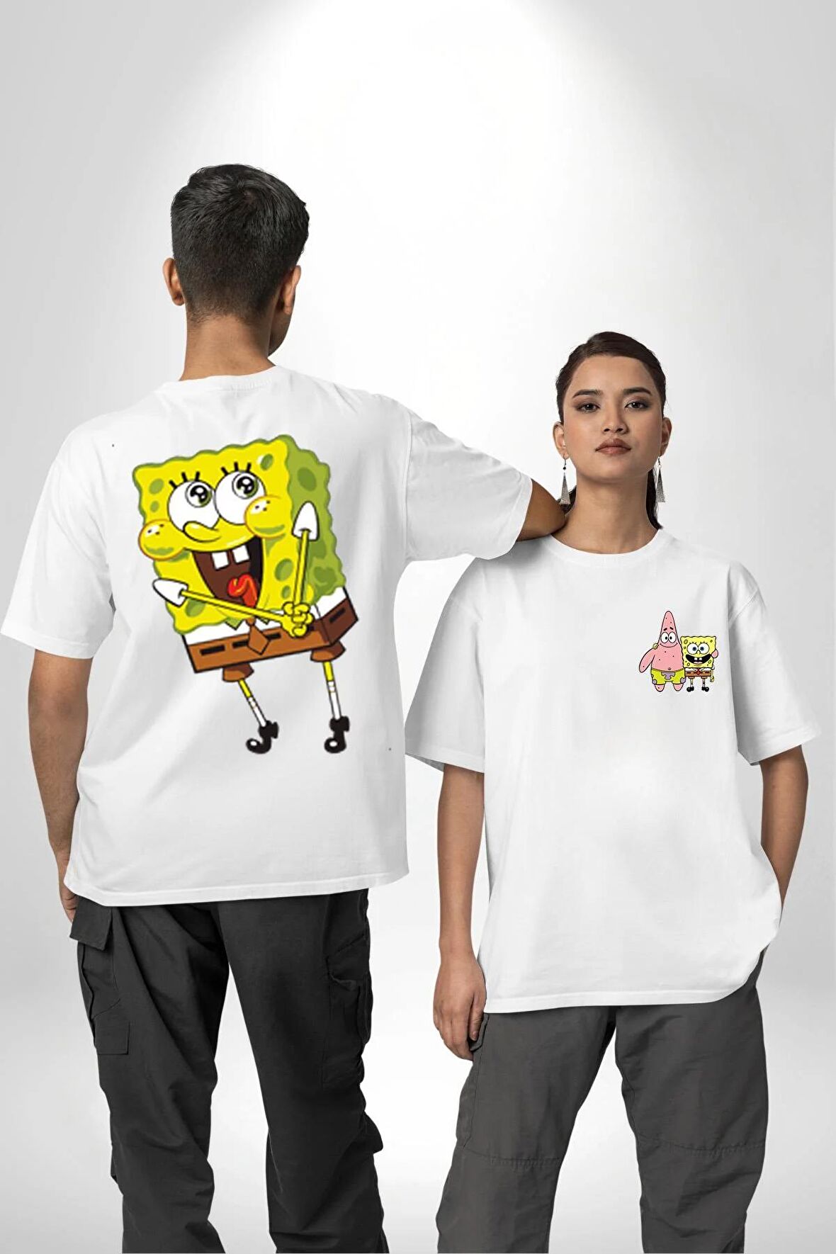 Patric ve Sünger Bob Beyaz Oversize Kadın Erkek Ön ve Sırt Baskılı Tişört