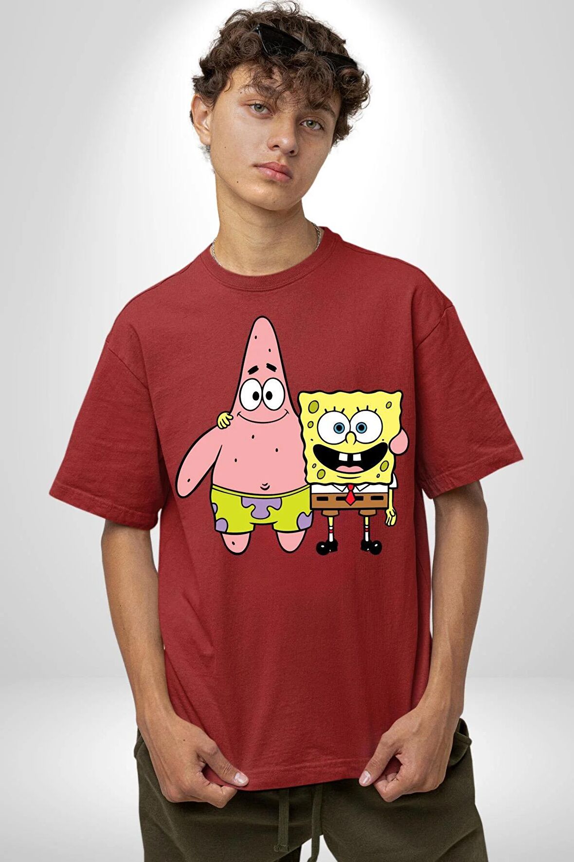 Patric ve Sünger Bob Pamuklu Bisiklet Yaka Kadın Erkek Oversize Boyfriend Dijital Baskılı Kırmızı T-shirt
