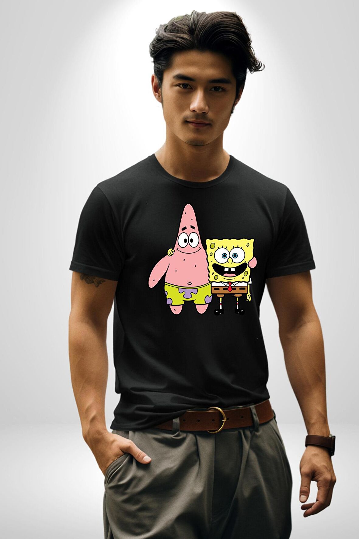 Patric ve Sünger Bob Kadın Erkek Unisex Siyah Organik Baskılı T-Shirt Penye Yüksek Kalite