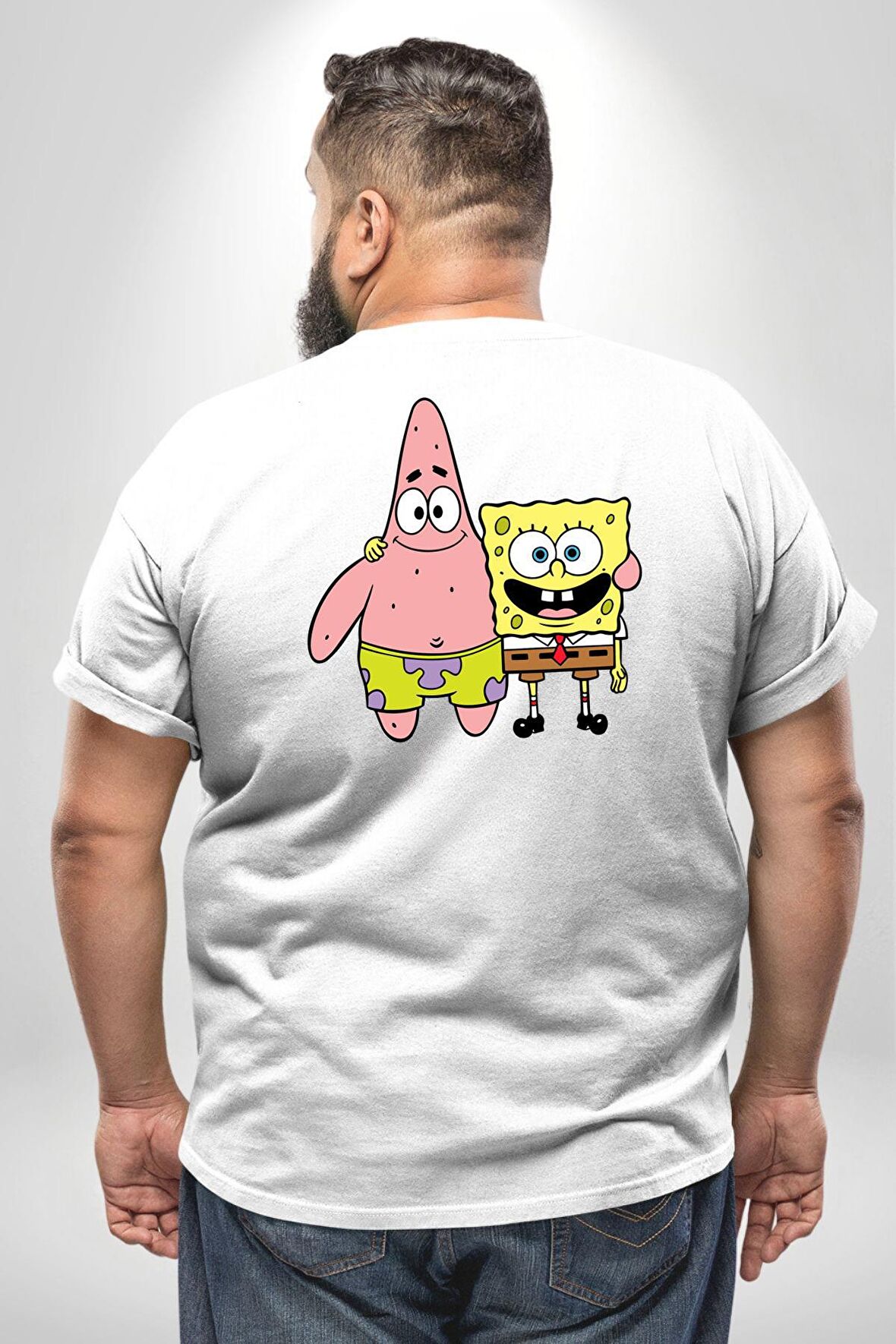 Patric ve Sünger Bob Büyük Beden Beyaz Tişört Kadın Erkek Ünisex Sırt Baskılı