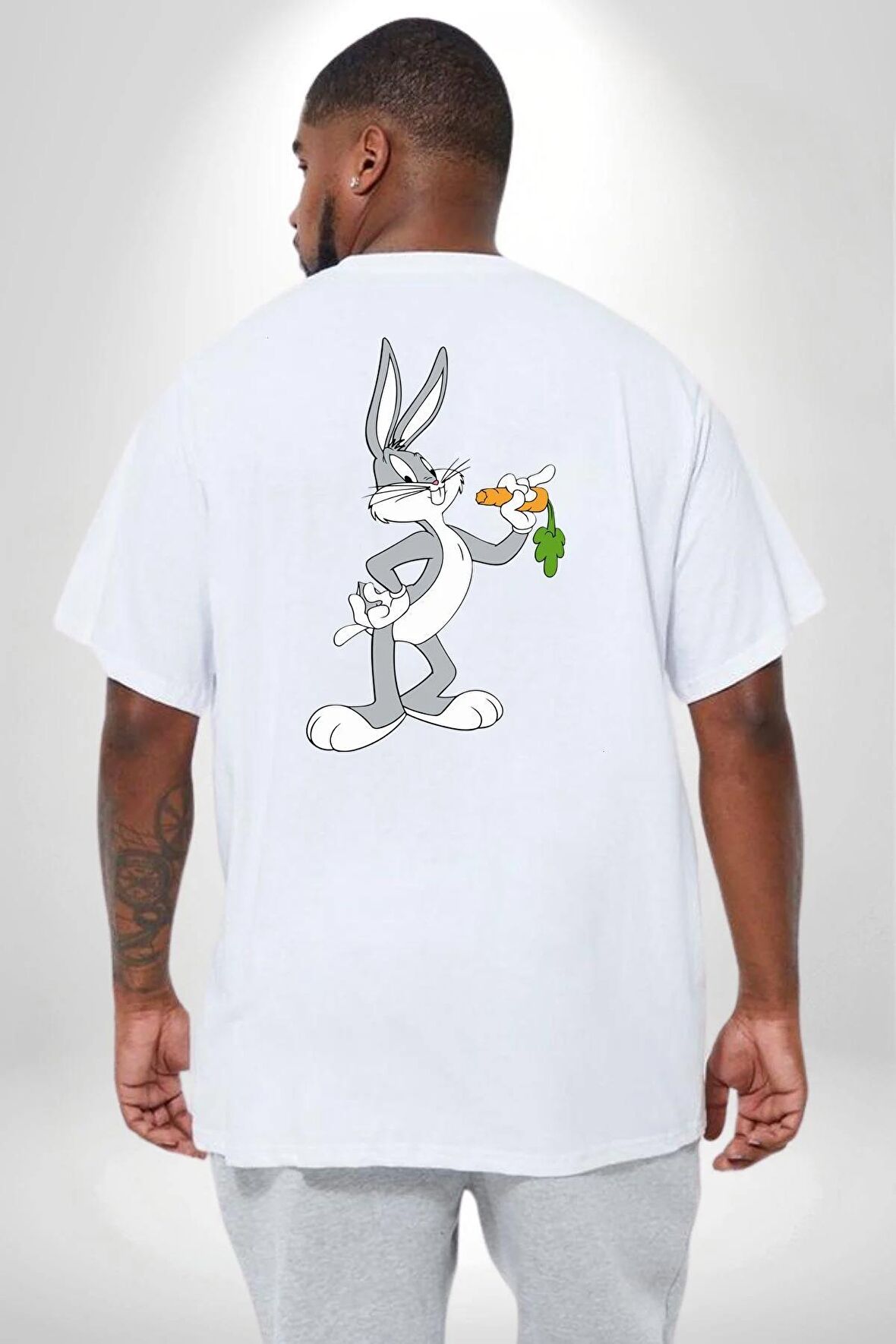 Bugs Bunny Büyük Beden Beyaz Tişört Kadın Erkek Ünisex Sırt Baskılı
