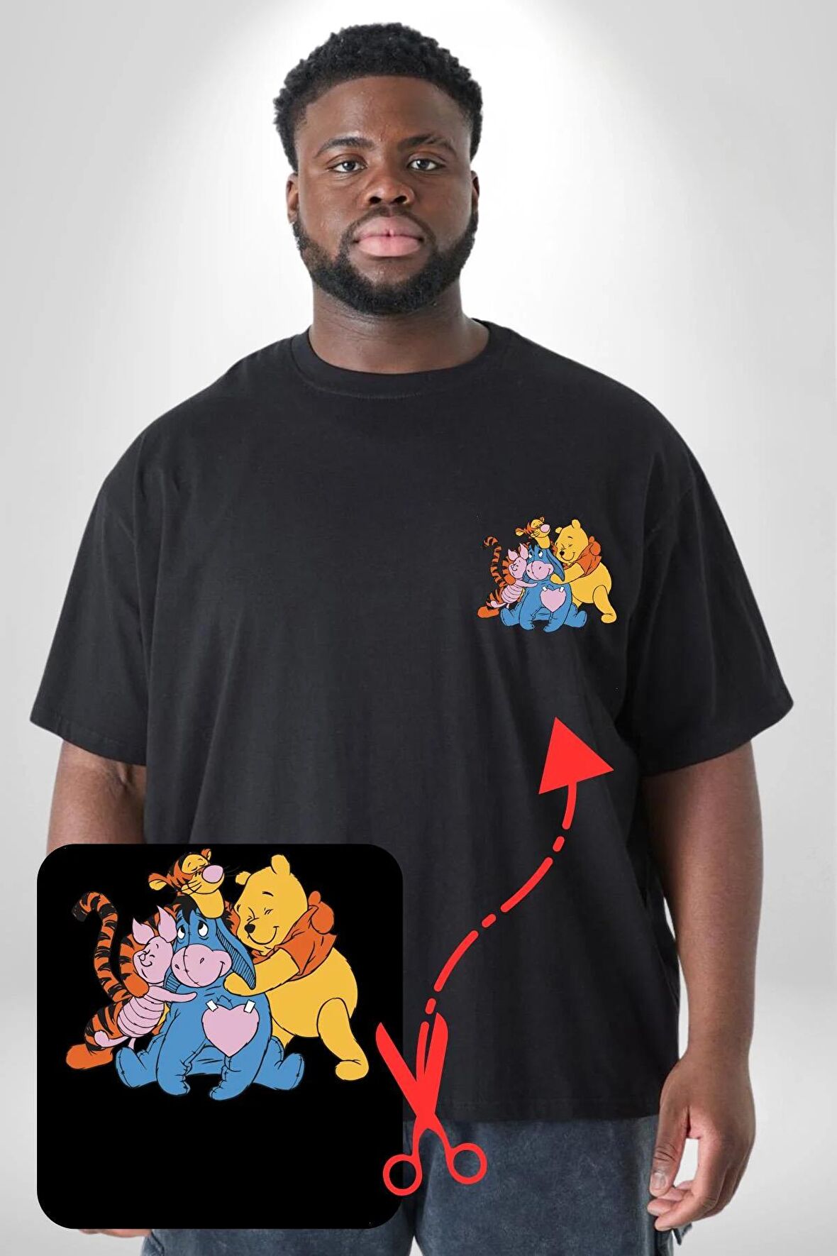 Winnie the Pooh Piglet Bal Küpü Siyah Büyük Beden Kadın Basic Minimal Baskılı Tişört