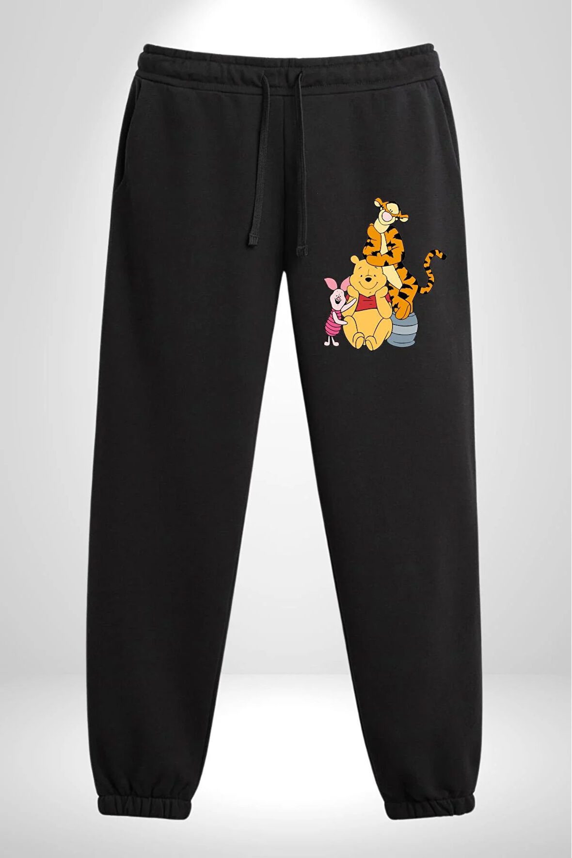Winnie the Pooh Piglet Tiger 3 İplik Erkek Baskılı Siyah Eşofman Altı