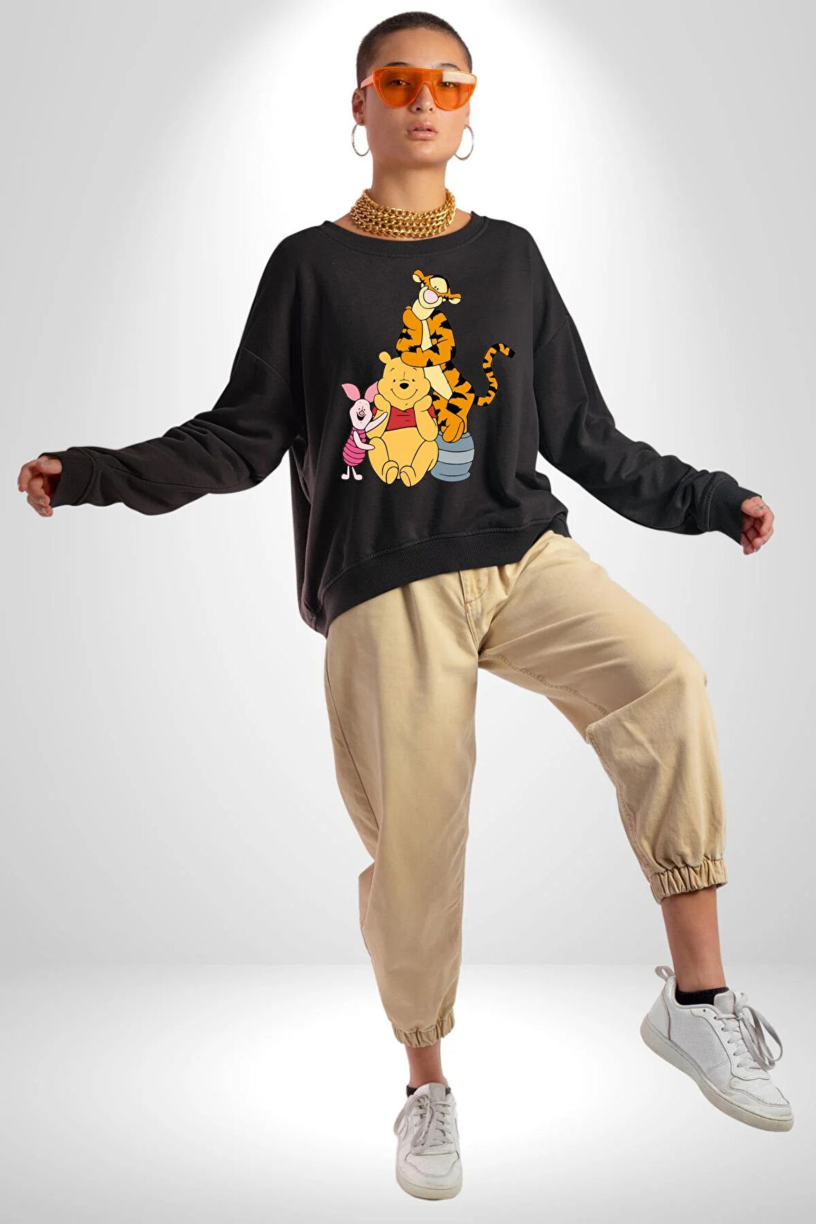 Winnie the Pooh Piglet Tiger Kadın Erkek Siyah Sweatshirt 