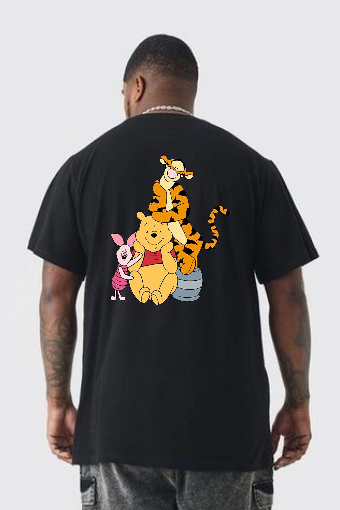 Winnie the Pooh Piglet Tiger Büyük Beden Siyah Tişört Kadın Erkek Ünisex Sırt Baskılı