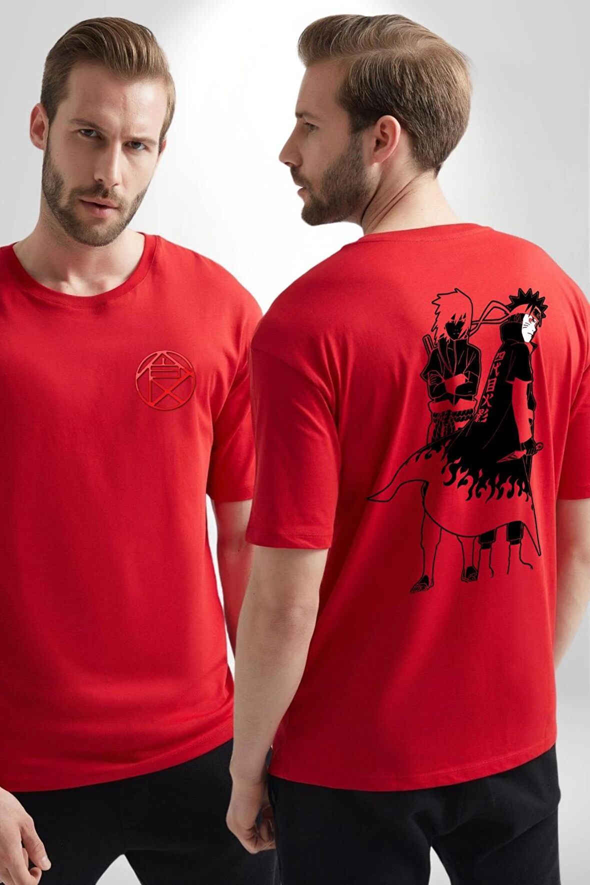 Naruto Shippuden Naruto ve Sasuke Kırmızı Oversize Kadın Erkek Ön ve Sırt Baskılı Tişört