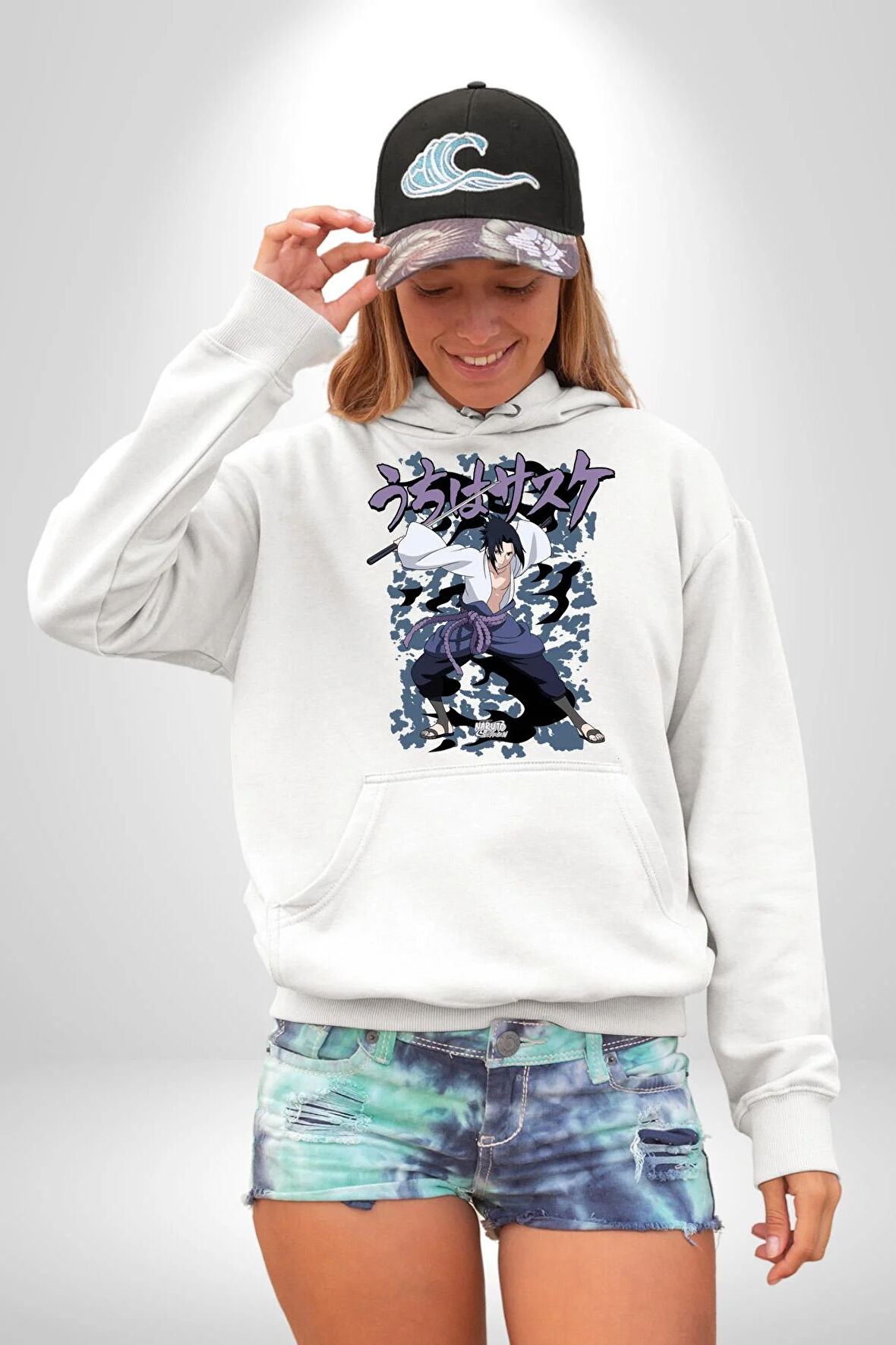 Naruto Shippuden Sasuke Kadın Erkek  Beyaz Kapüşonlu Sweatshirt Hoodie
