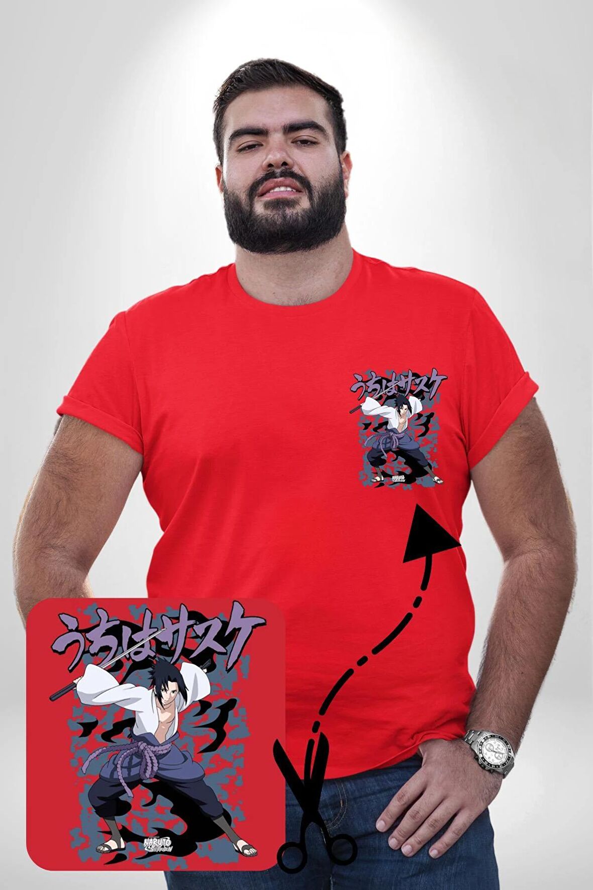 Naruto Shippuden Sasuke Kırmızı Büyük Beden Kadın Basic Minimal Baskılı Tişört