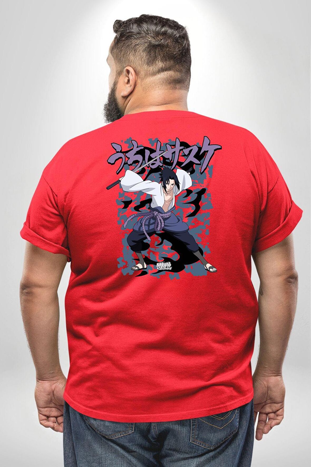 Naruto Shippuden Sasuke Büyük Beden Kırmızı Tişört Kadın Erkek Ünisex Sırt Baskılı