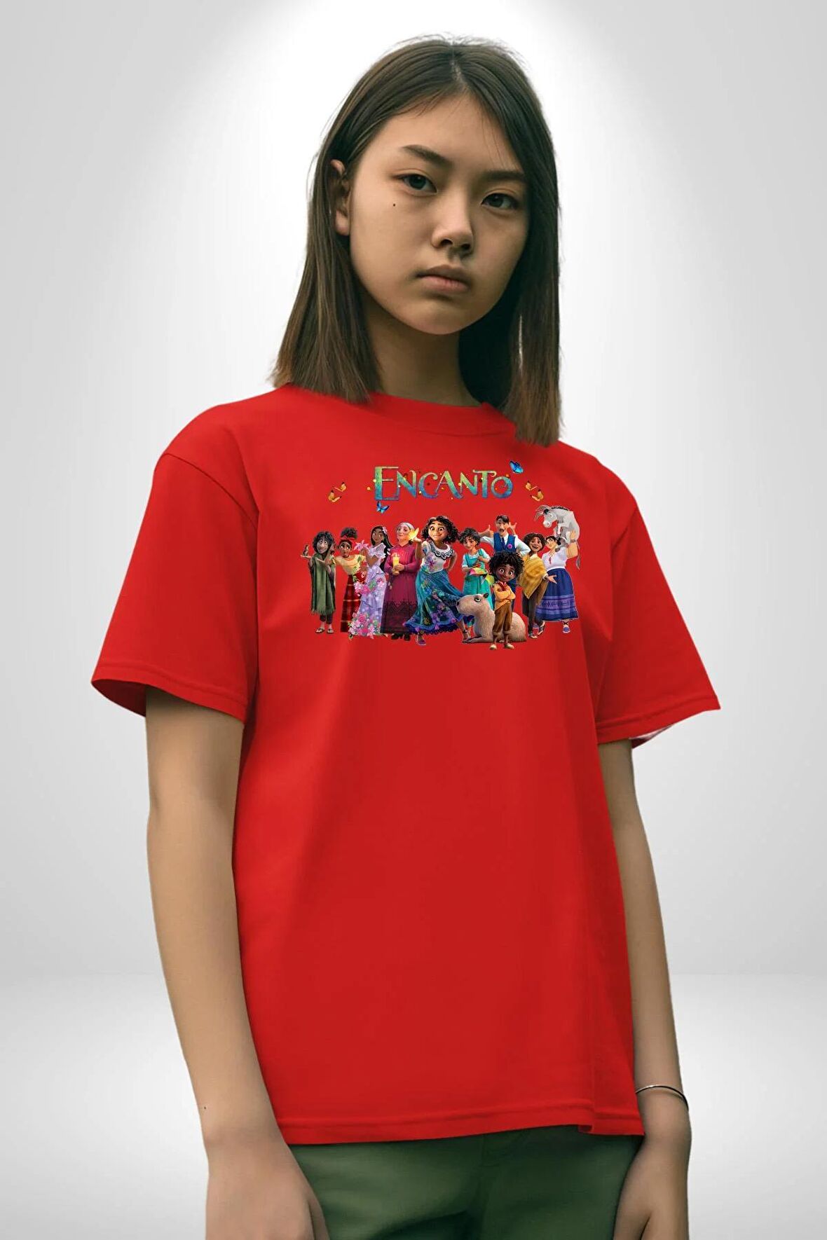 Encanto Pamuklu Bisiklet Yaka Kadın Erkek Oversize Boyfriend Dijital Baskılı Kırmızı T-shirt