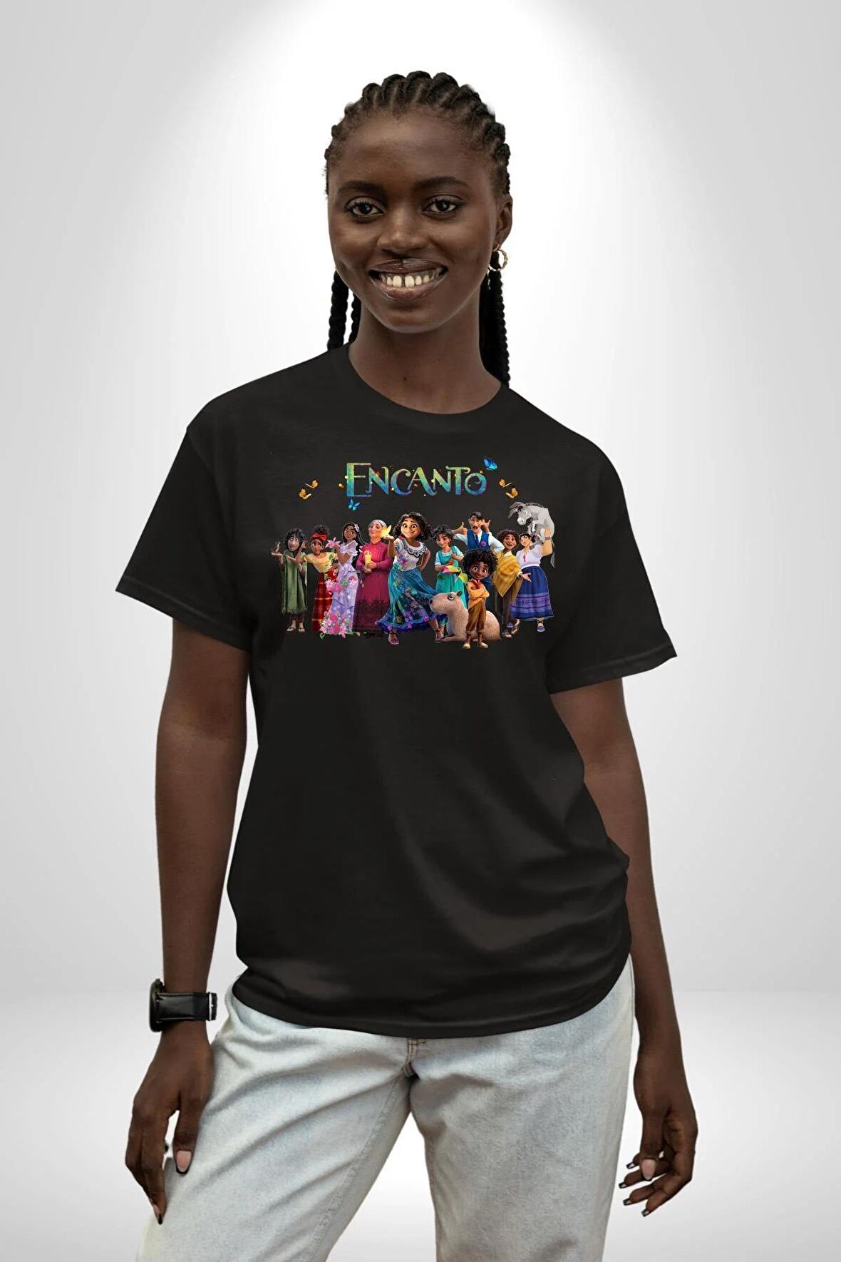Encanto Pamuklu Bisiklet Yaka Kadın Erkek Oversize Boyfriend Dijital Baskılı Siyah T-shirt