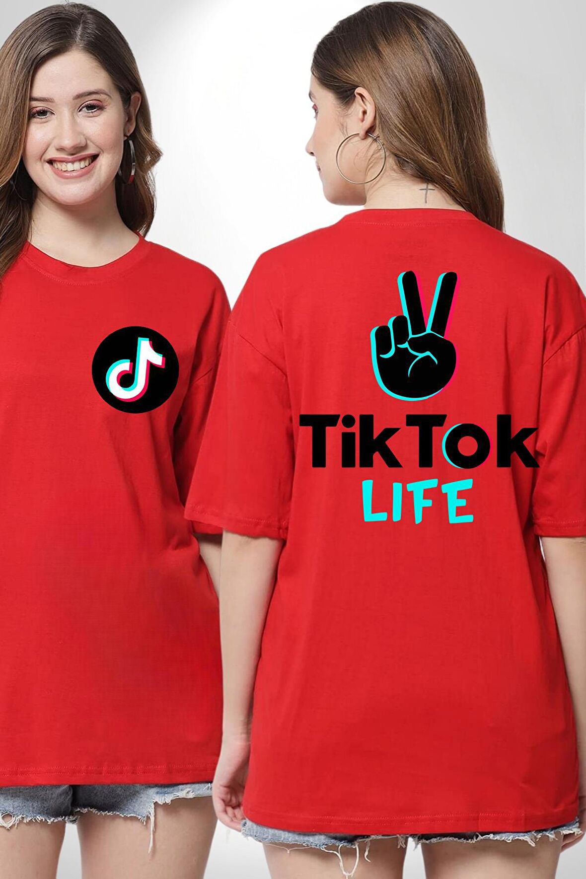 TikTok Life Kırmızı Oversize Kadın Erkek Ön ve Sırt Baskılı Tişört