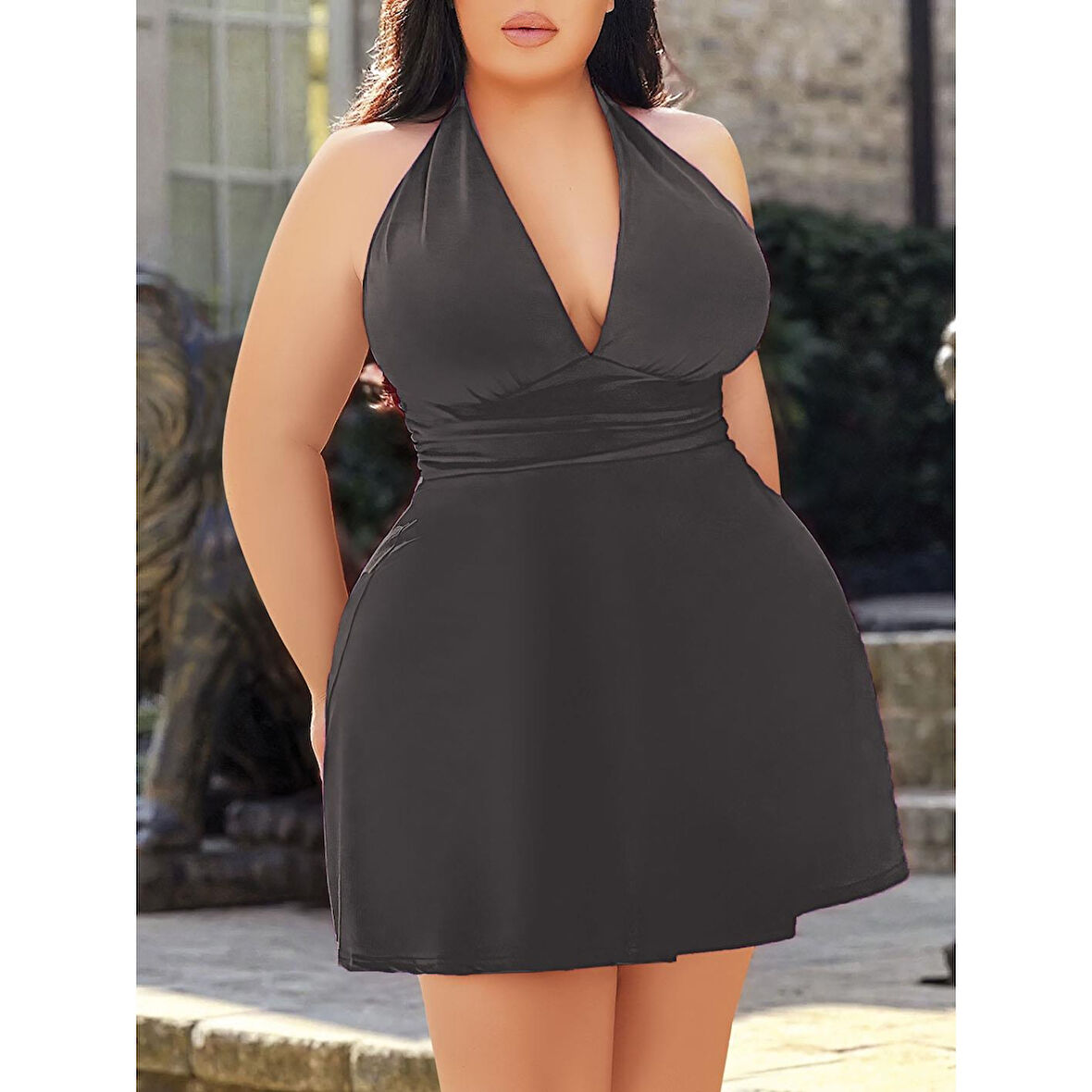 MARSiLYAN- Büyük Beden Antrasit Boyundan Bağlamalı Mini Gecelik