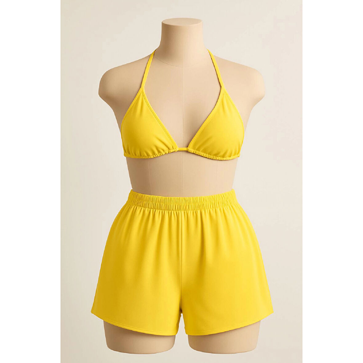 MARSiLYAN- Kadın Sarı Şortlu Belden ve Boyundan Bağlamalı Bikini Takımı