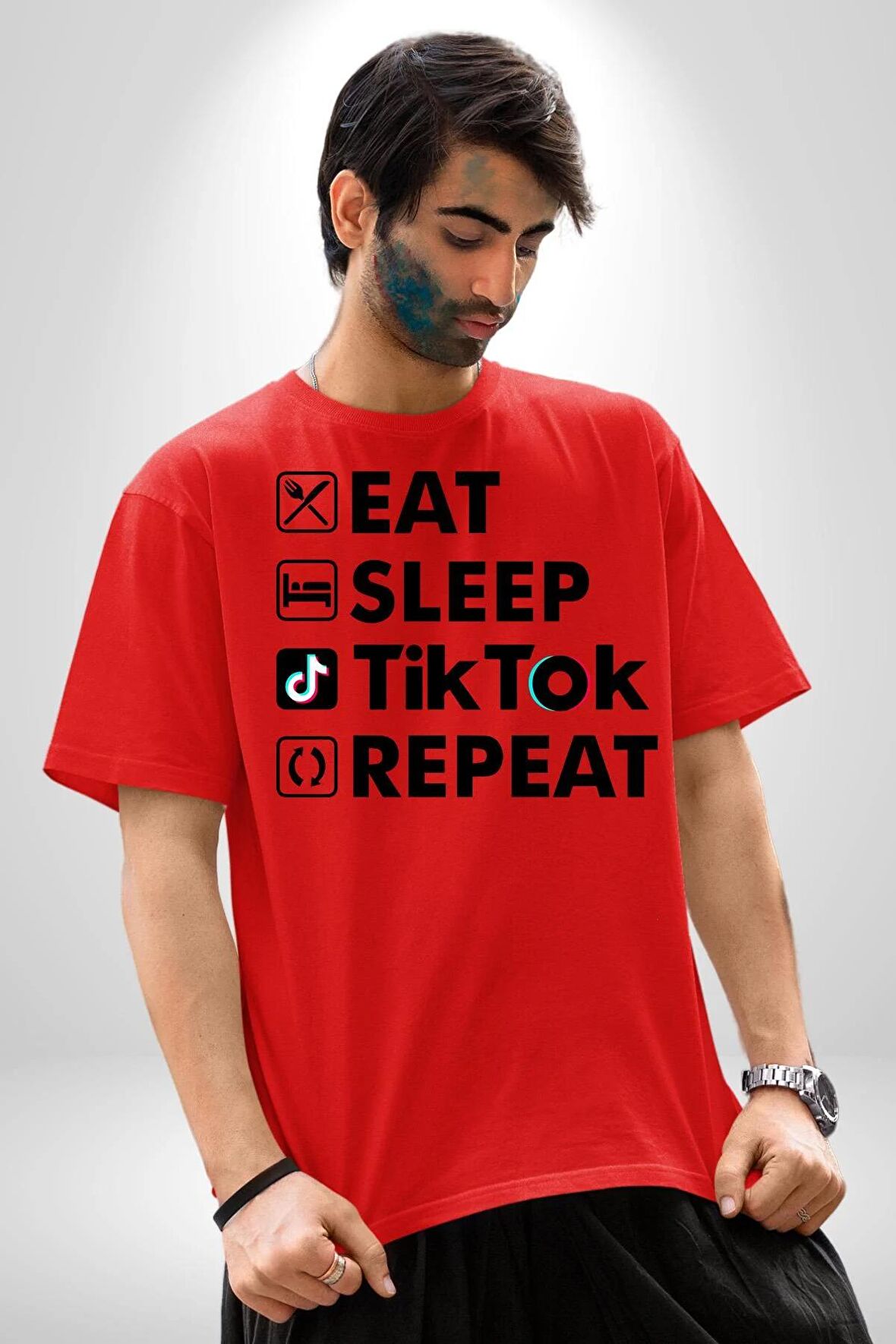 Tiktok Yemek Uyku Tekrar Et Pamuklu Bisiklet Yaka Kadın Erkek Oversize Boyfriend Dijital Baskılı Kırmızı T-shirt