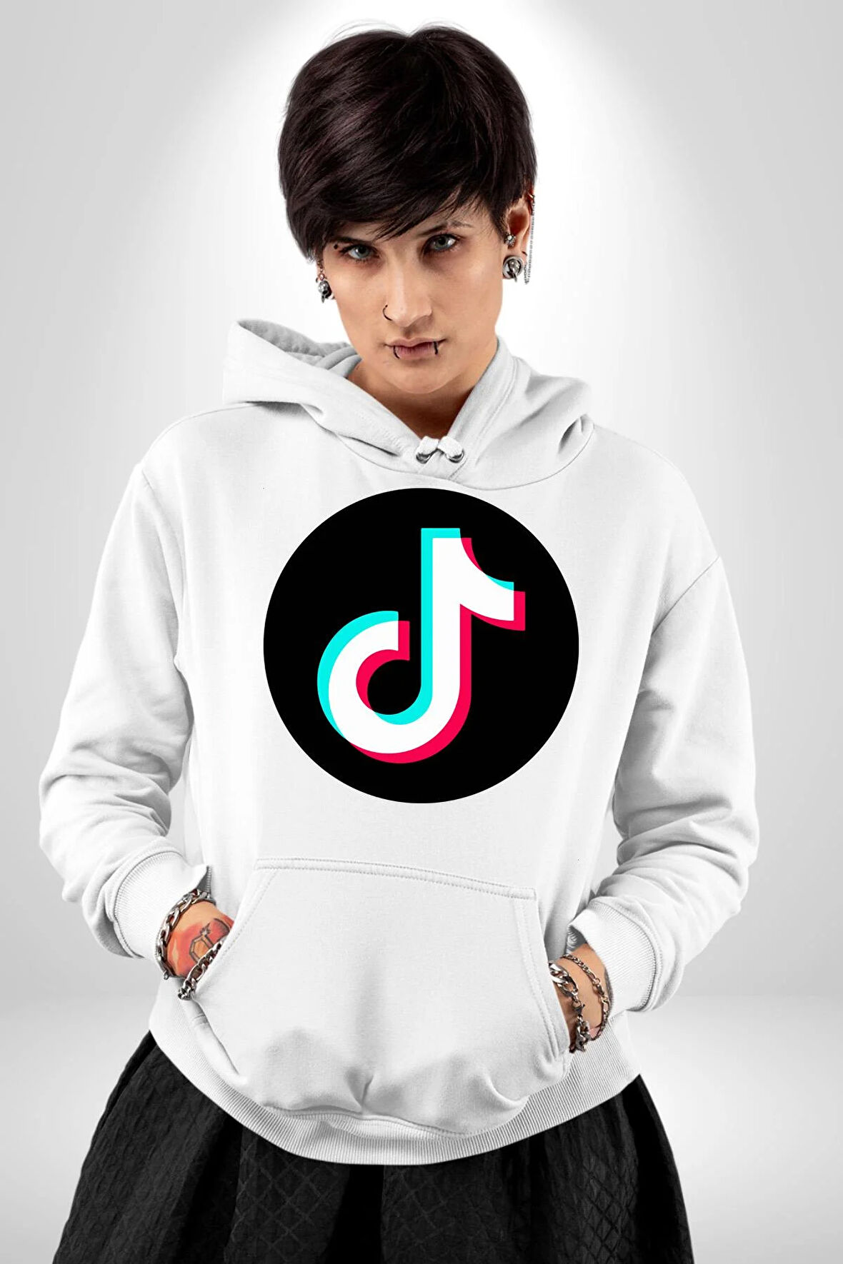 TikTok Kadın Erkek  Beyaz Kapüşonlu Sweatshirt Hoodie