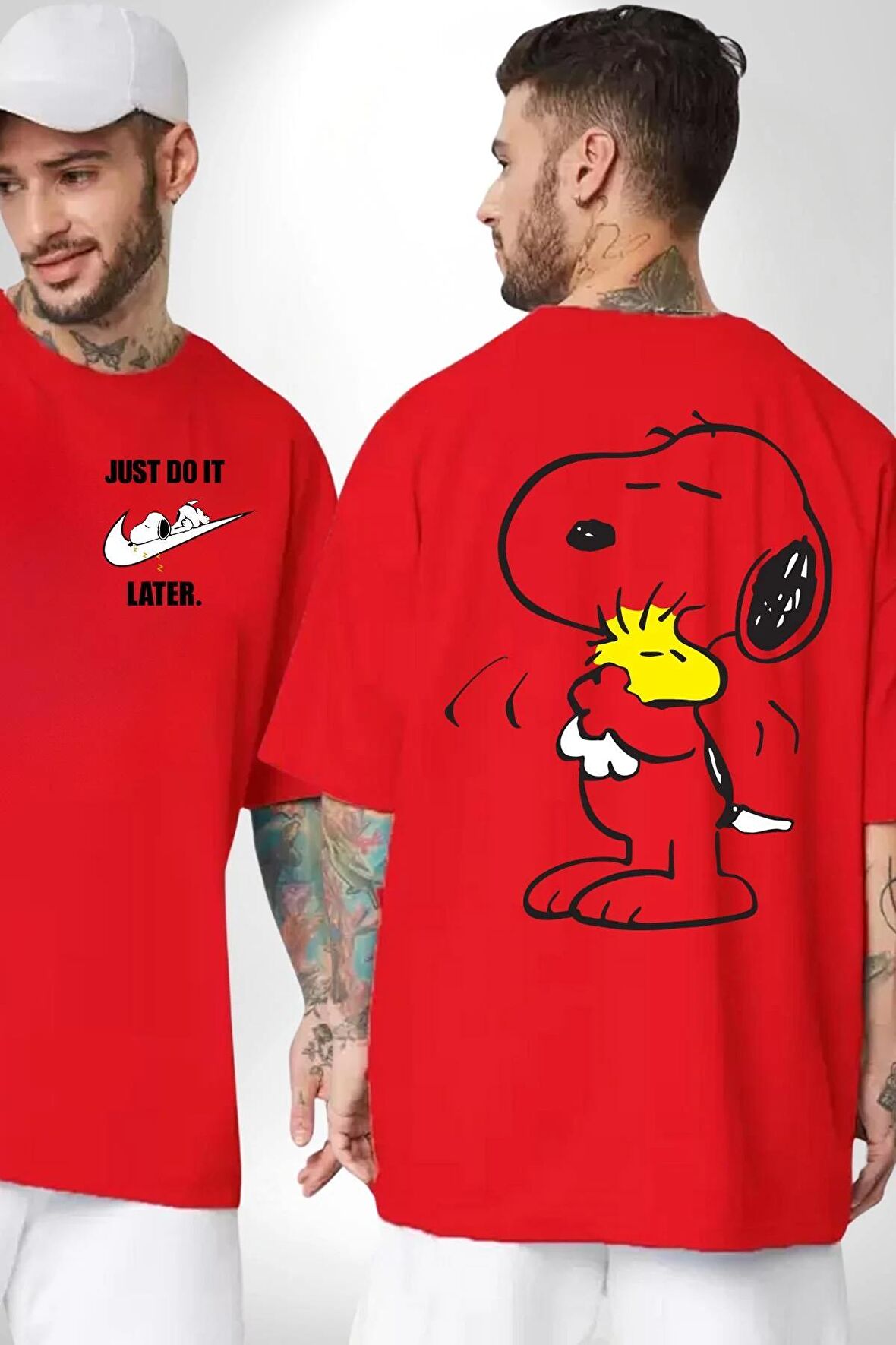 Snoopy Kuş Sevgisi Kırmızı Oversize Kadın Erkek Ön ve Sırt Baskılı Tişört