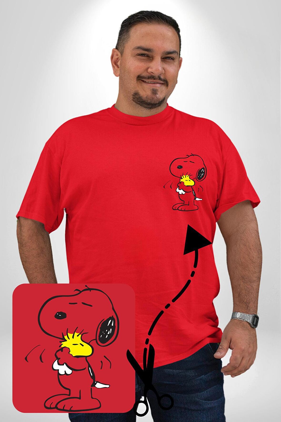 Snoopy Kuş Sevgisi Kırmızı Büyük Beden Kadın Basic Minimal Baskılı Tişört