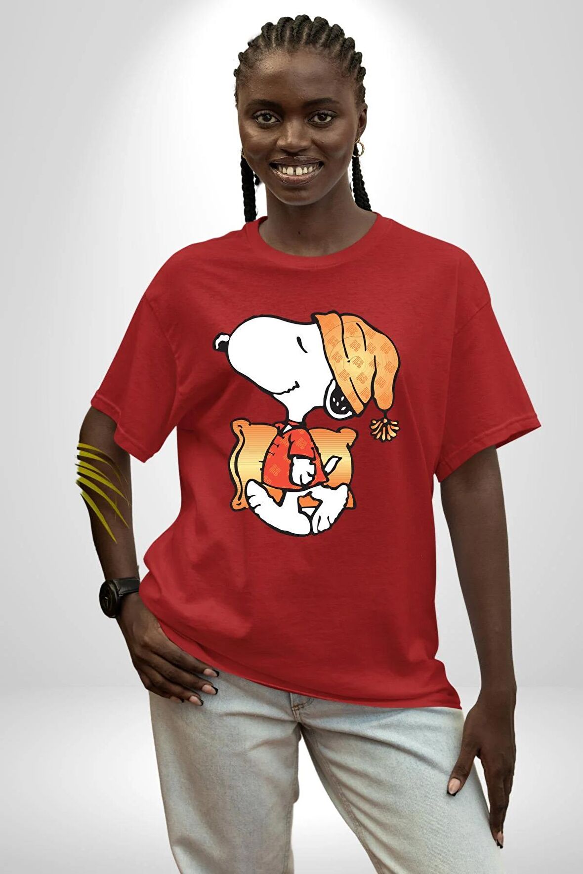 Yastık Uyku Uyku Tulumu Pamuklu Bisiklet Yaka Kadın Erkek Oversize Boyfriend Dijital Baskılı Kırmızı T-shirt