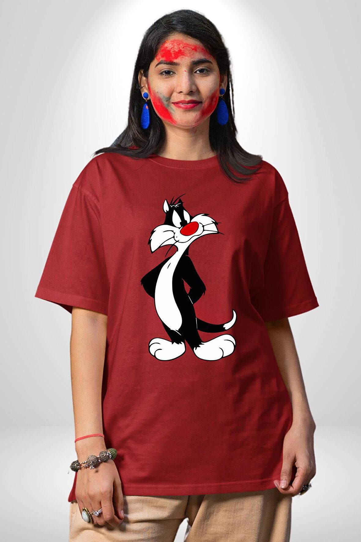 Sylvester Kedi Pamuklu Bisiklet Yaka Kadın Erkek Oversize Boyfriend Dijital Baskılı Kırmızı T-shirt