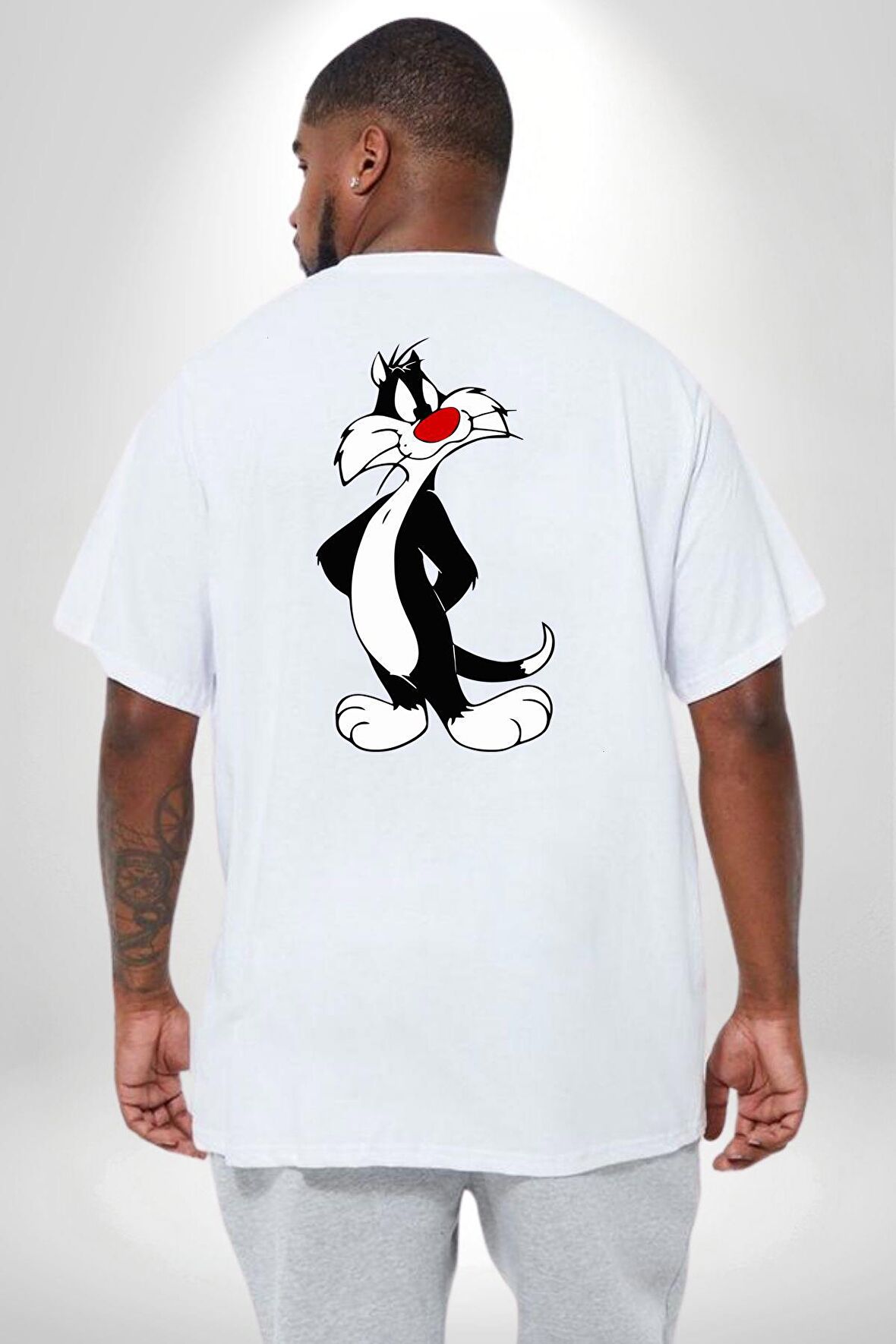 Sylvester Kedi Büyük Beden Beyaz Tişört Kadın Erkek Ünisex Sırt Baskılı