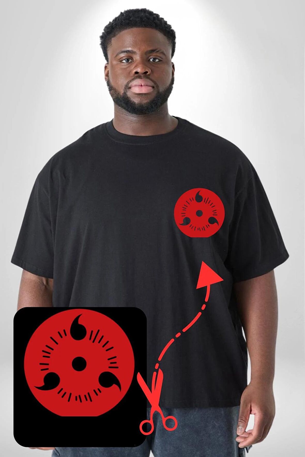 Naruto Shippuden Sasuke  Sharingan Siyah Büyük Beden Kadın Basic Minimal Baskılı Tişört