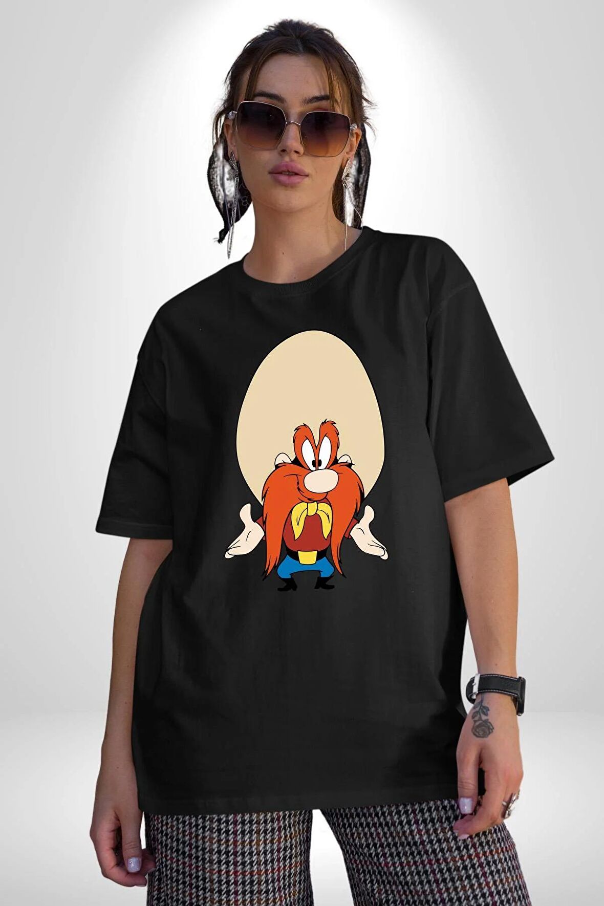 Looney Tunes Küfürbaz Haydo Pamuklu Bisiklet Yaka Kadın Erkek Oversize Boyfriend Dijital Baskılı Siyah T-shirt