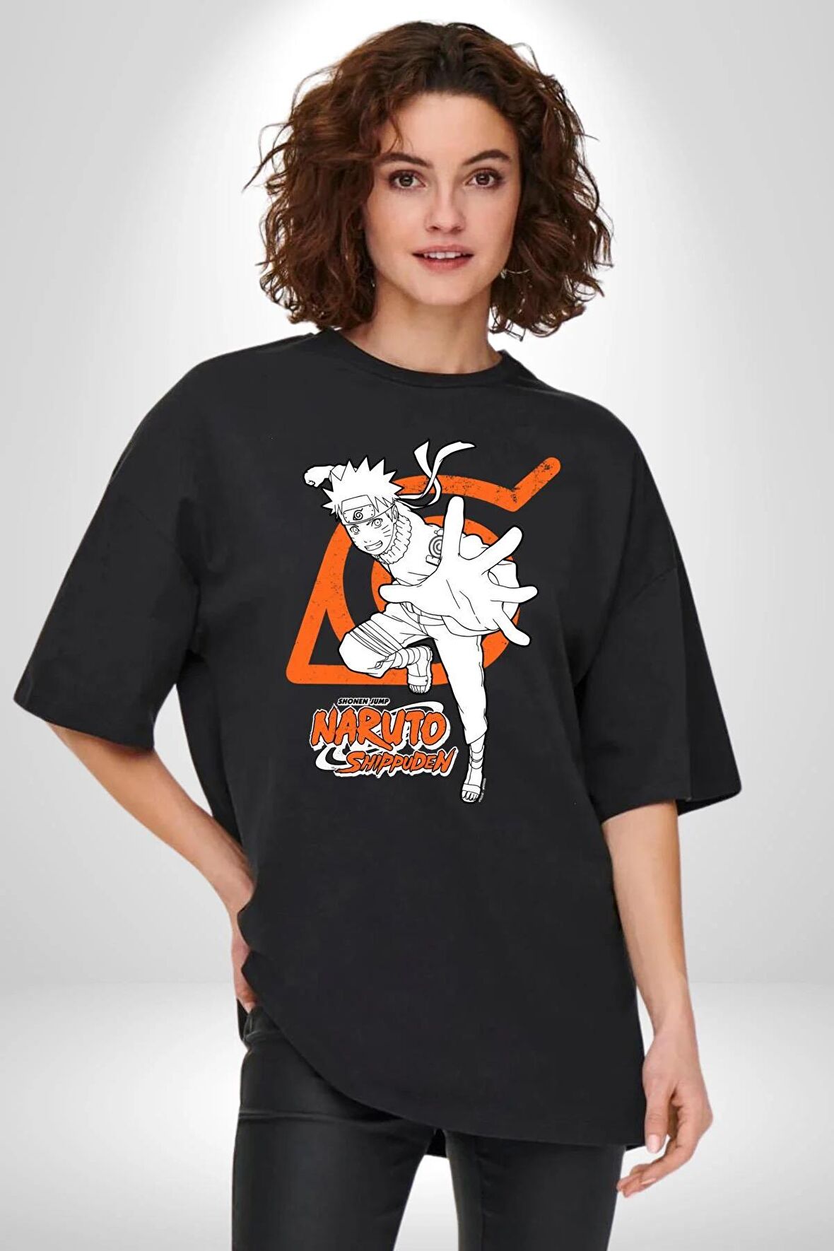 Naruto Shippuden Gizli İşareti Pamuklu Bisiklet Yaka Kadın Erkek Oversize Boyfriend Dijital Baskılı Siyah T-shirt