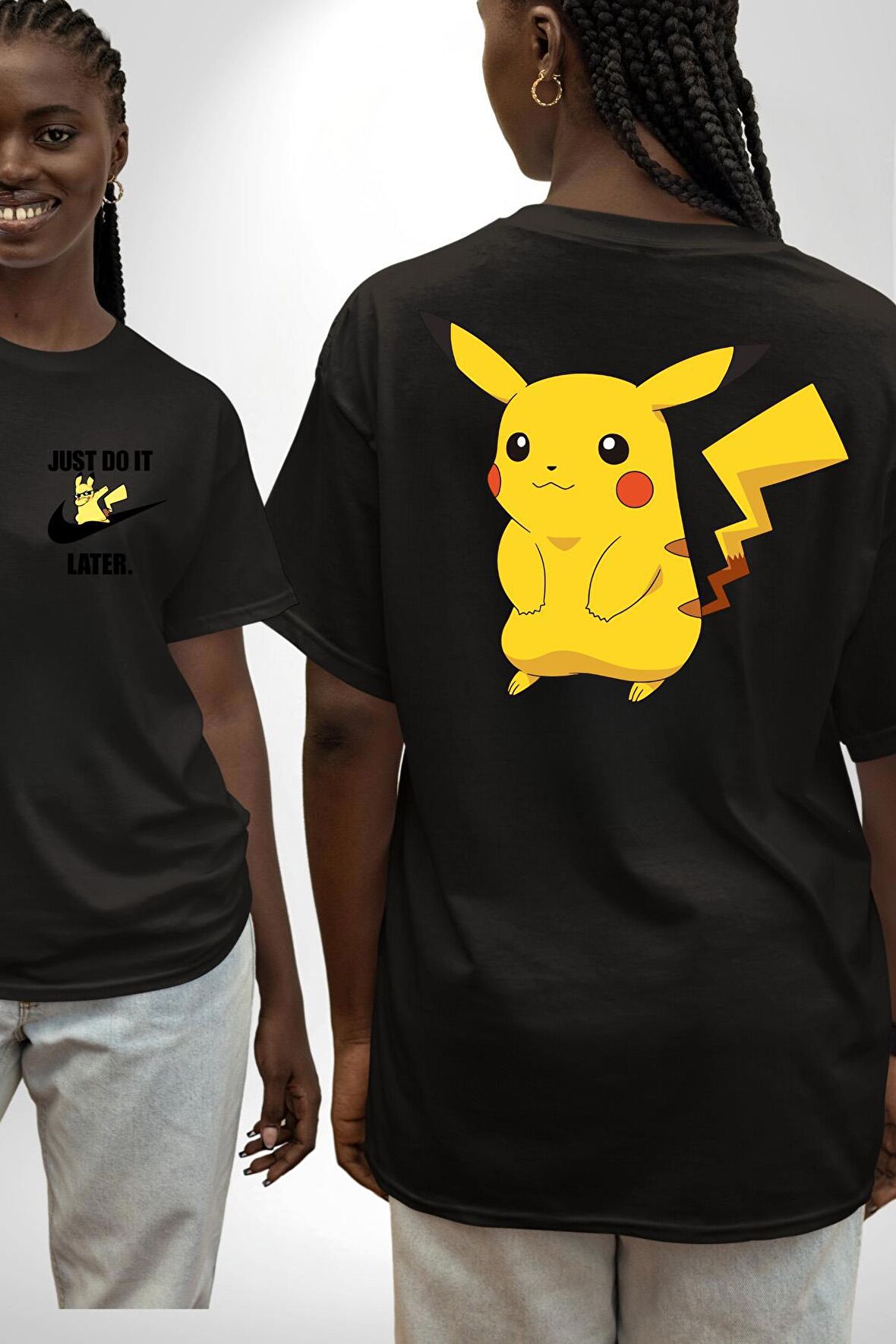 Pokemon Siyah Oversize Kadın Erkek Ön ve Sırt Baskılı Tişört