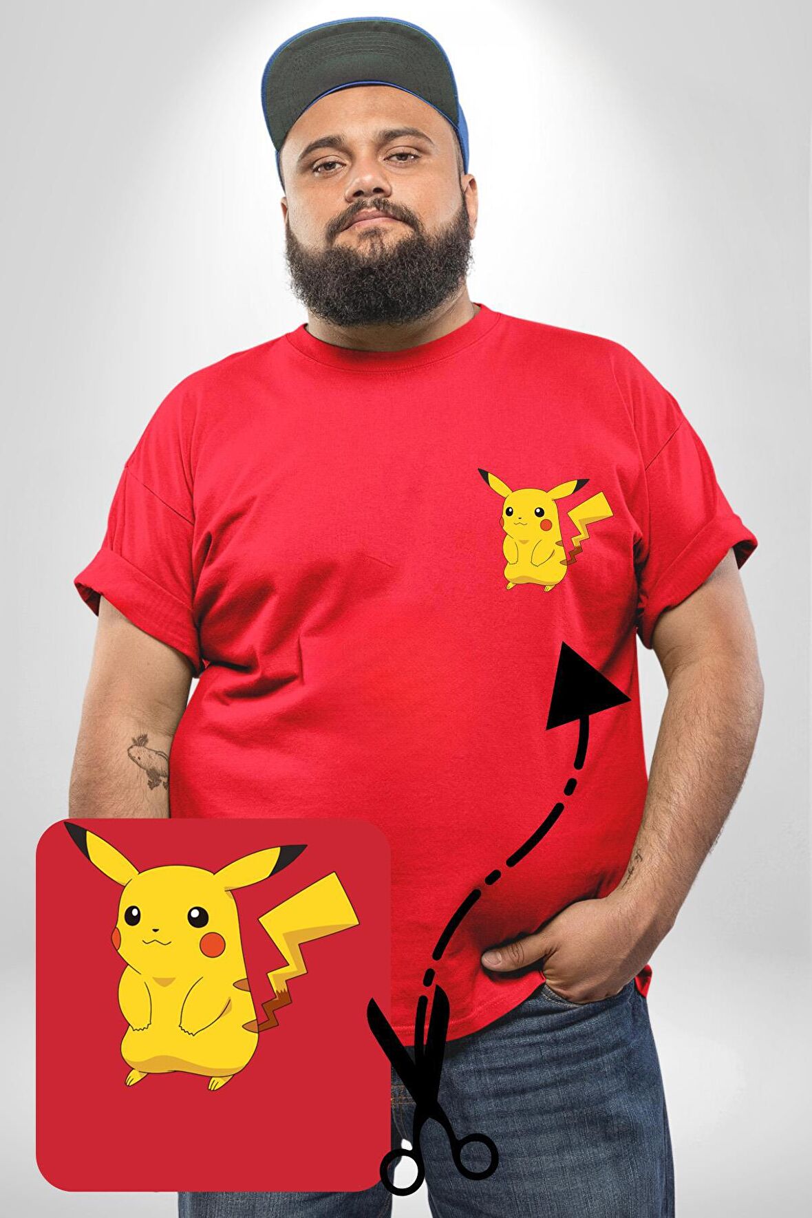 Pokemon Kırmızı Büyük Beden Kadın Basic Minimal Baskılı Tişört